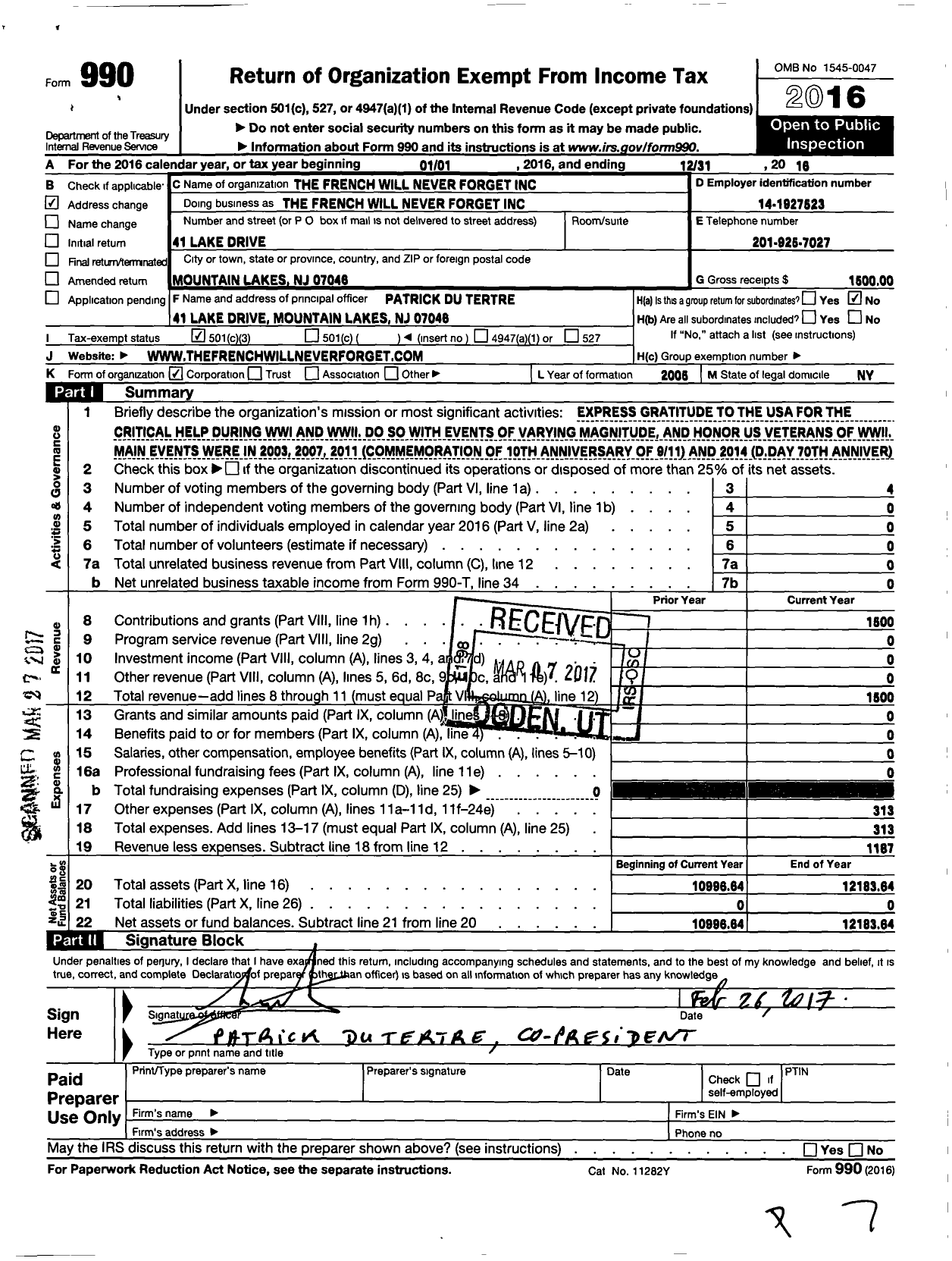 Image of first page of 2016 Form 990 for The French Will Never Forget