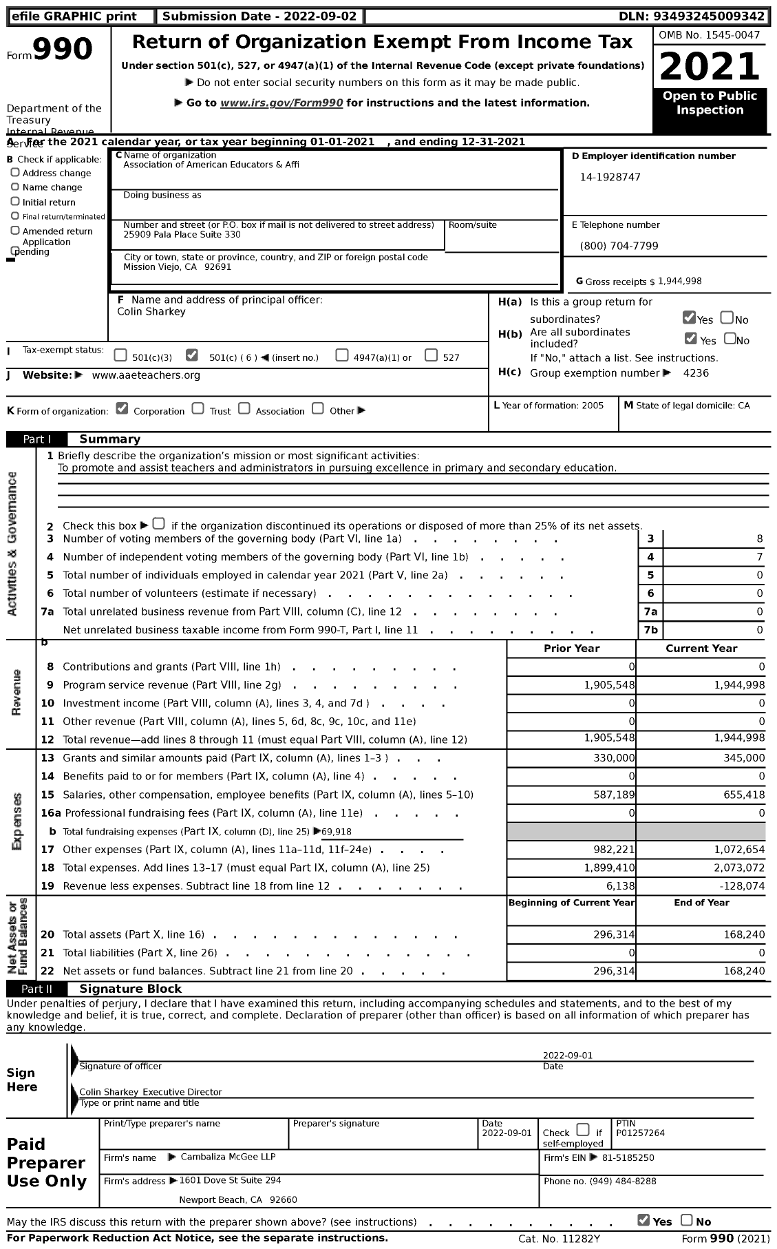 Image of first page of 2021 Form 990 for Association of American Educators & Affiliates (AAE)