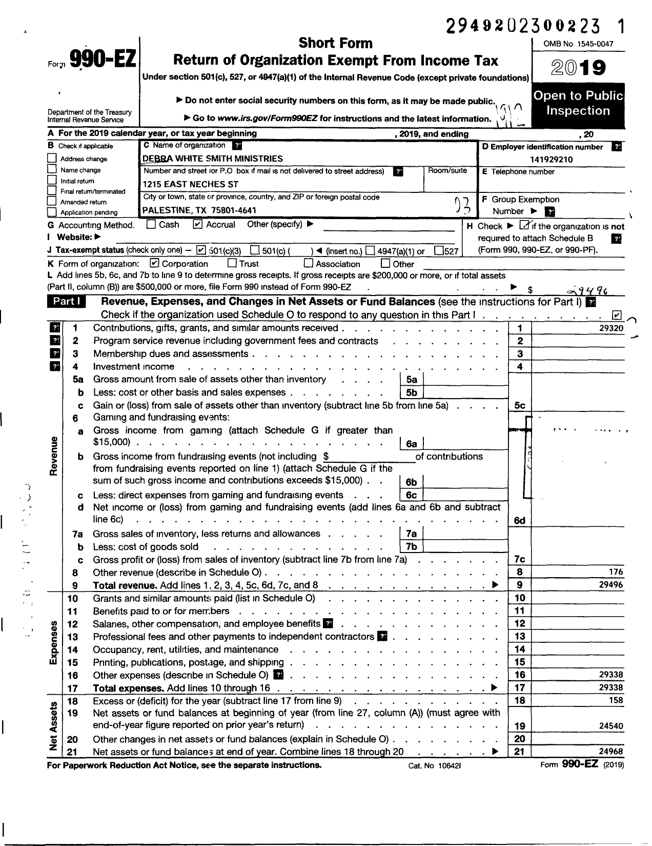 Image of first page of 2019 Form 990EZ for Debra White Smith Ministries