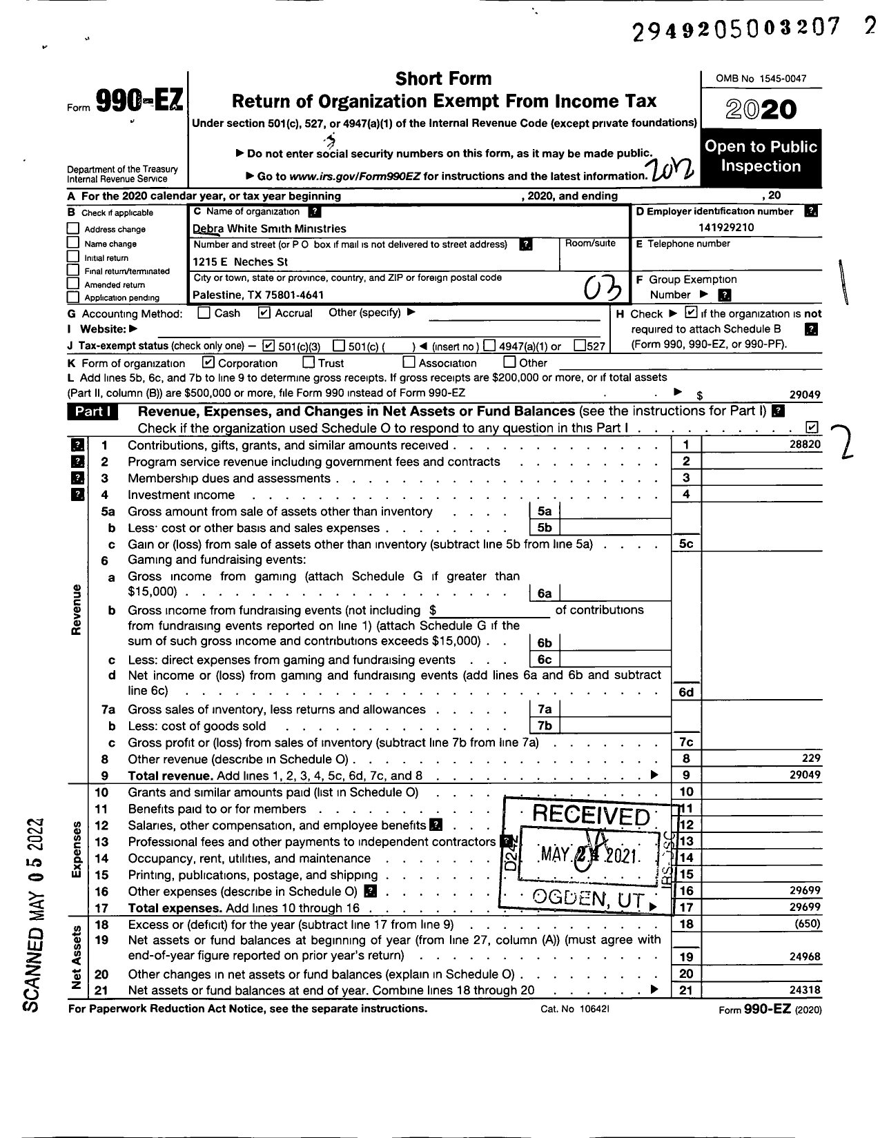 Image of first page of 2020 Form 990EZ for Debra White Smith Ministries