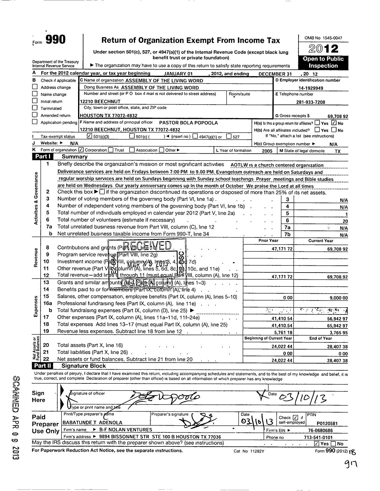 Image of first page of 2012 Form 990 for Assembly of the Living Word