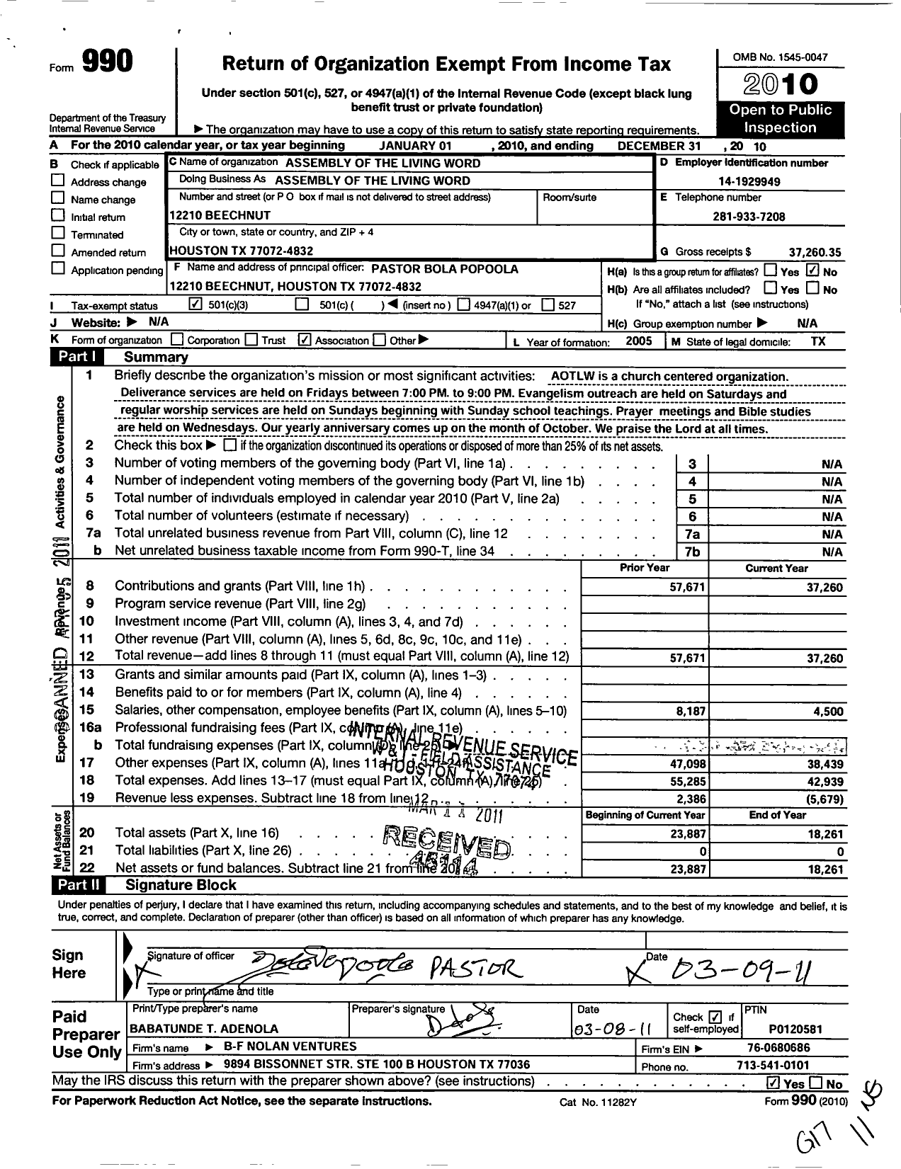 Image of first page of 2010 Form 990 for Assembly of the Living Word