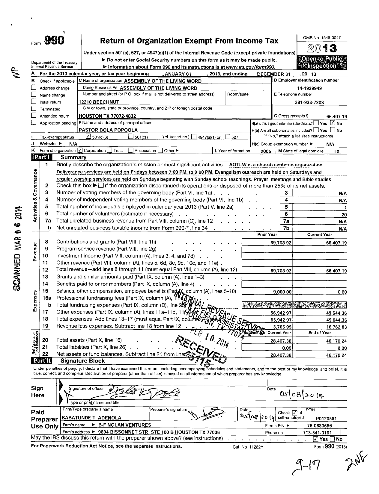 Image of first page of 2013 Form 990 for Assembly of the Living Word