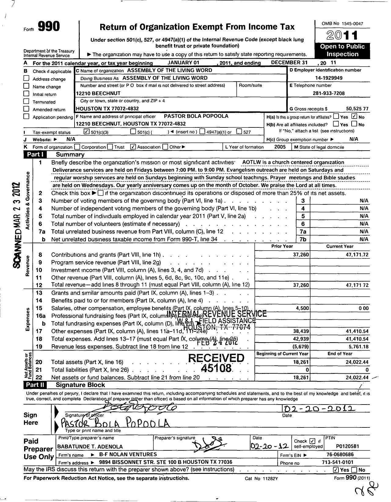 Image of first page of 2011 Form 990 for Assembly of the Living Word