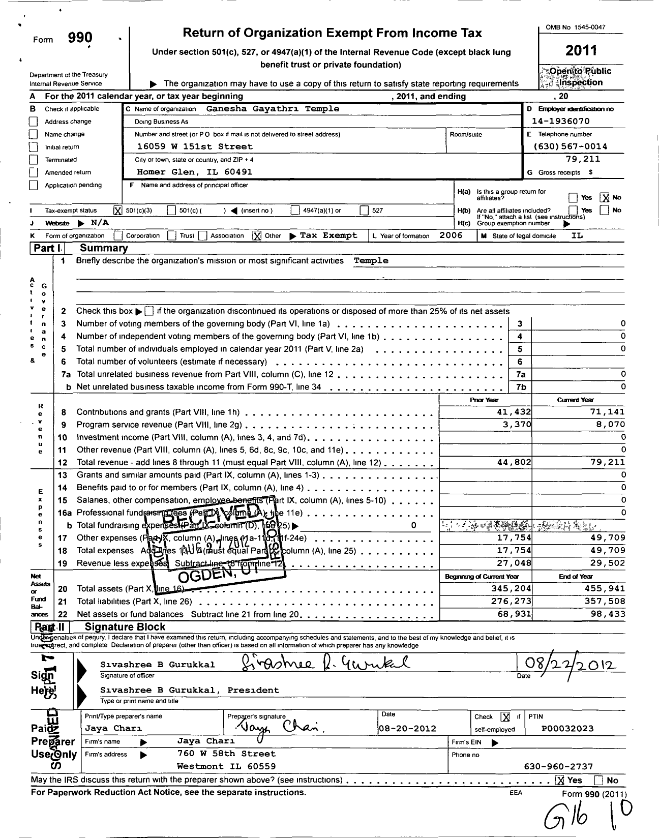 Image of first page of 2011 Form 990 for Ganesha Gayathri Temple