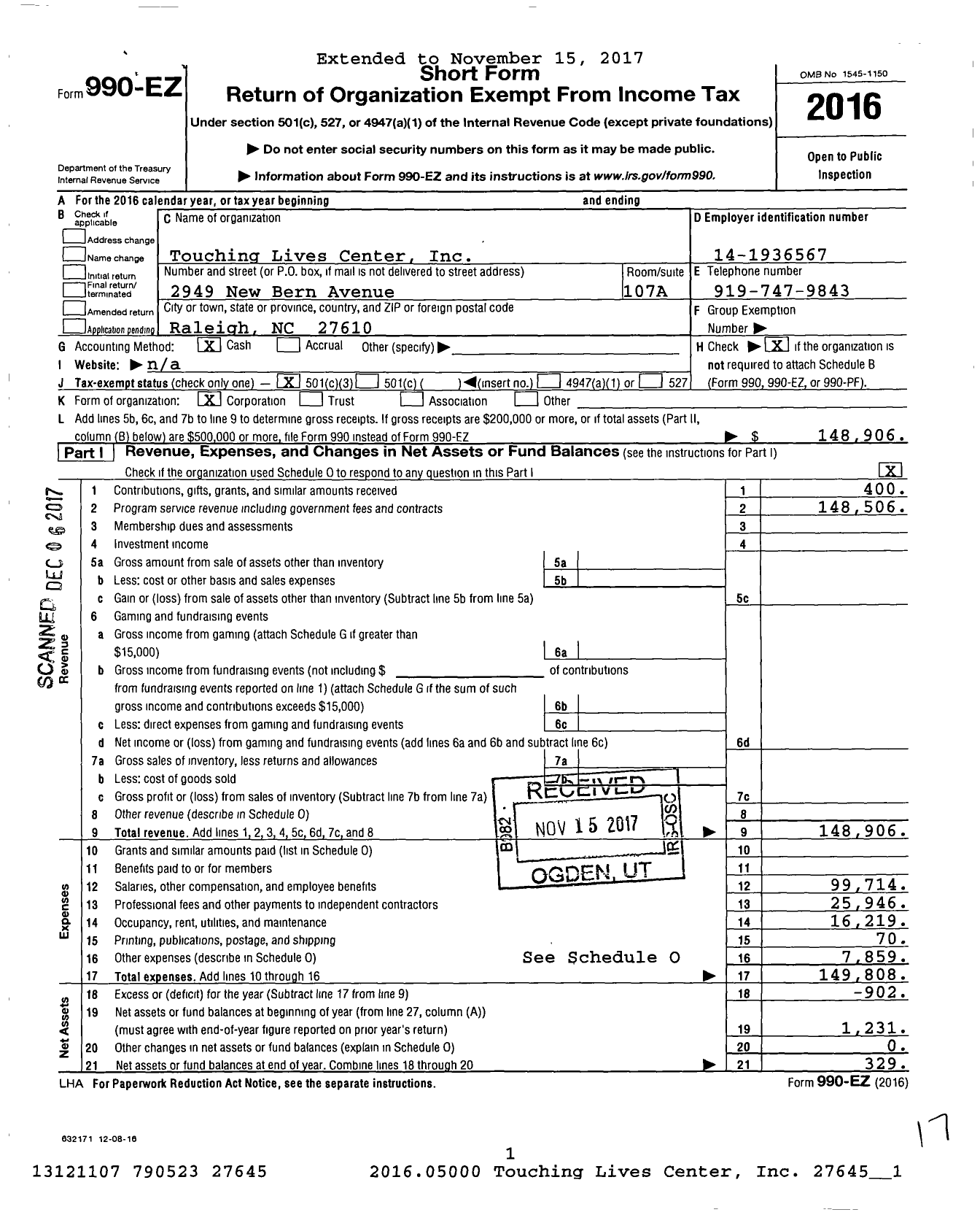 Image of first page of 2016 Form 990EZ for Touching Lives Center