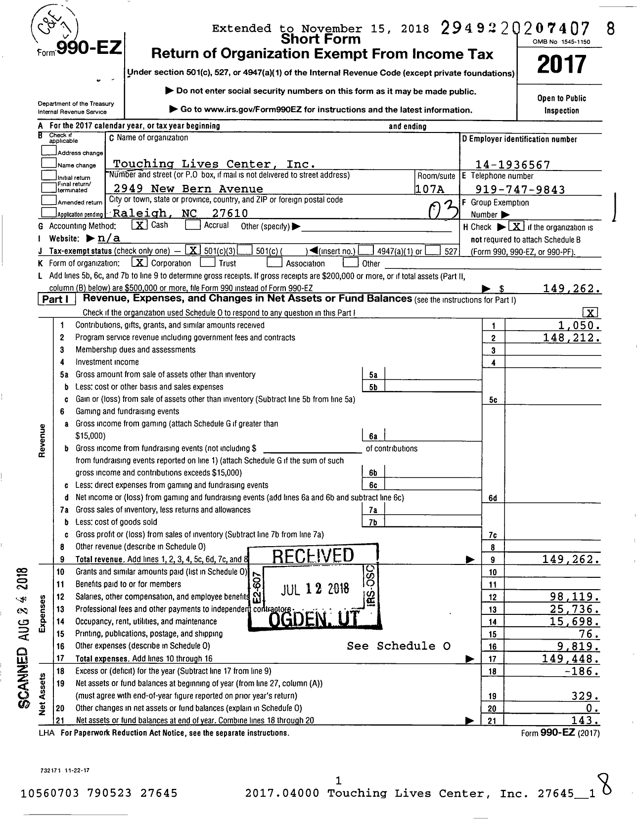 Image of first page of 2017 Form 990EZ for Touching Lives Center