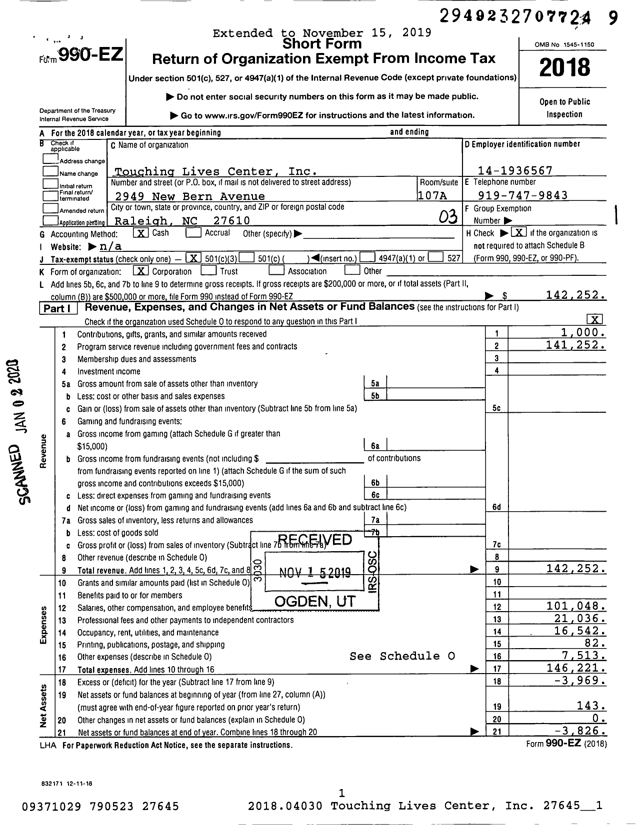 Image of first page of 2018 Form 990EZ for Touching Lives Center