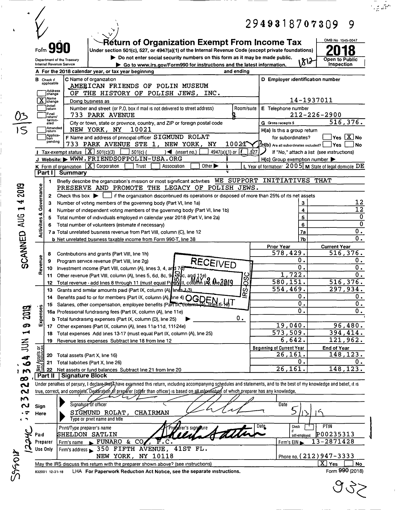 Image of first page of 2018 Form 990 for American Friends of Polin Museum of the History of Polish Jews