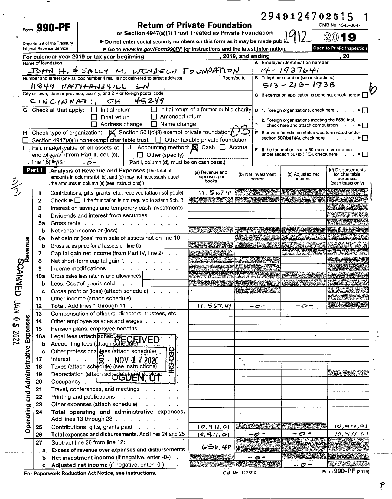 Image of first page of 2019 Form 990PF for The John H and Sally M Wendeln Foundation