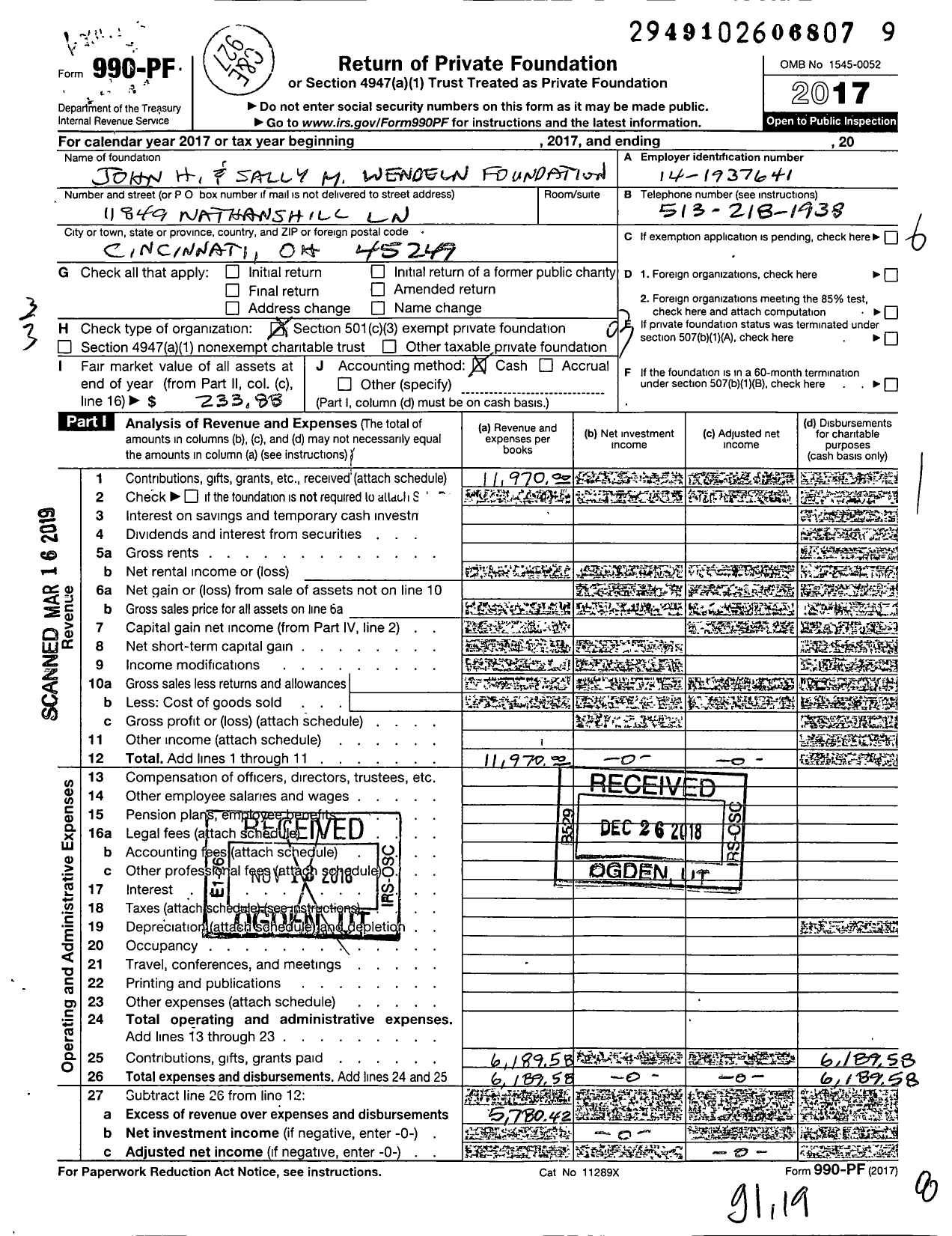 Image of first page of 2017 Form 990PF for The John H and Sally M Wendeln Foundation