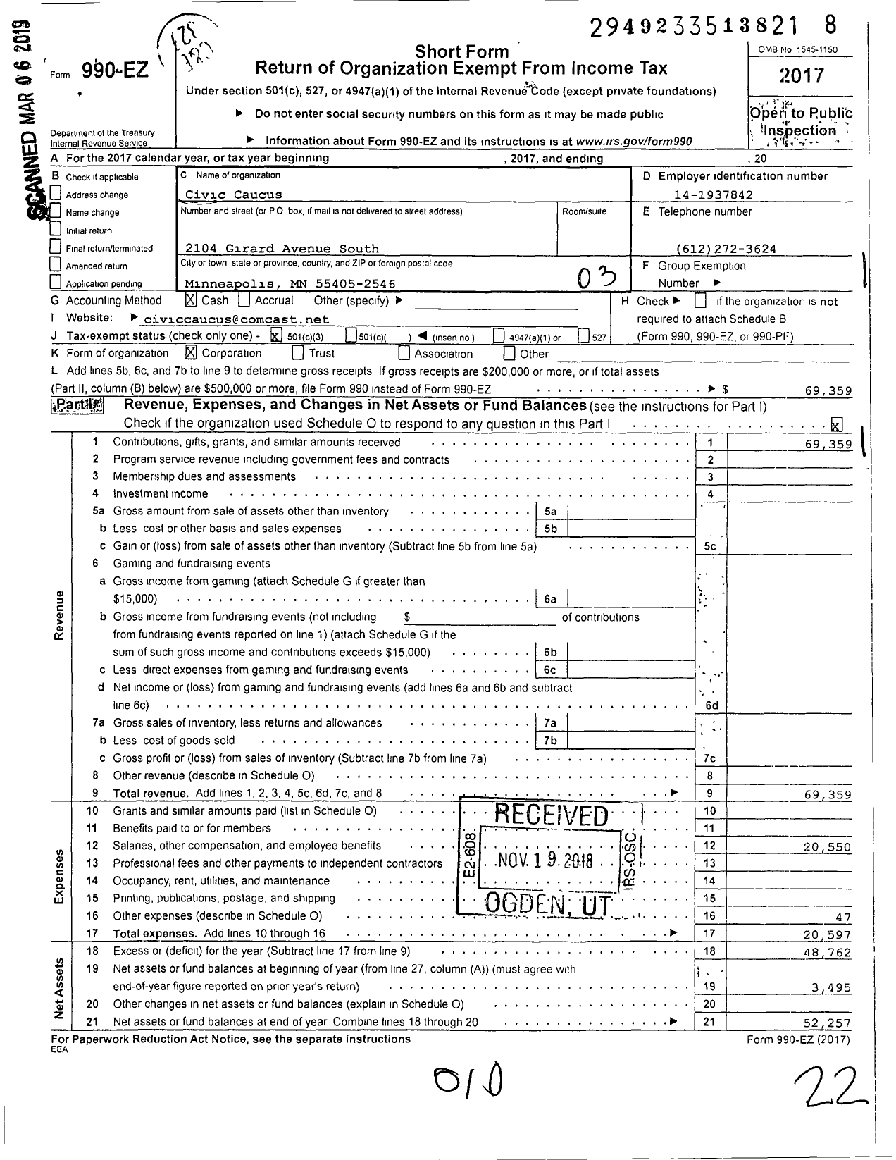 Image of first page of 2017 Form 990EZ for Civic Caucus