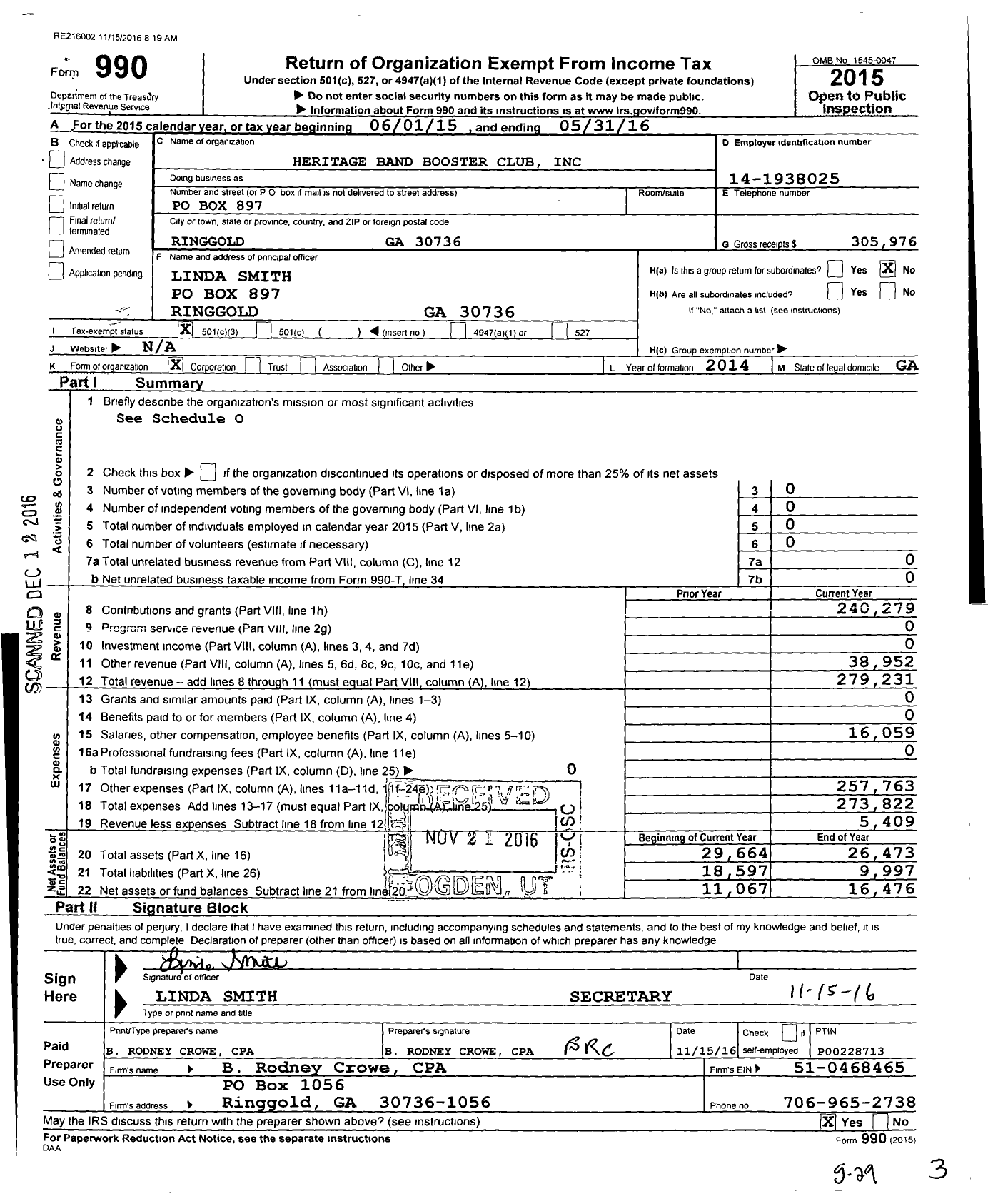 Image of first page of 2015 Form 990 for Heritage Band Booster Club