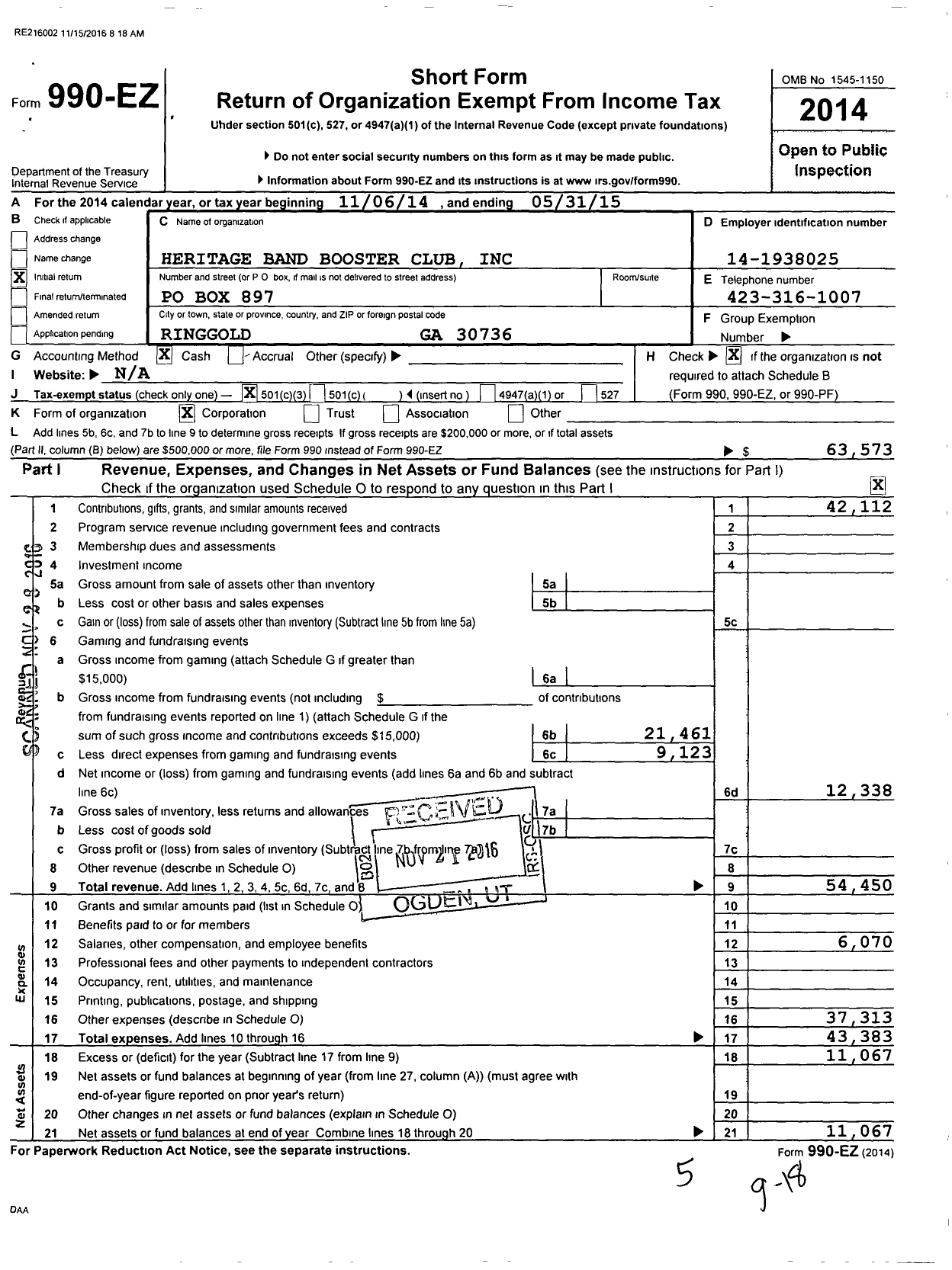 Image of first page of 2014 Form 990EZ for Heritage Band Booster Club