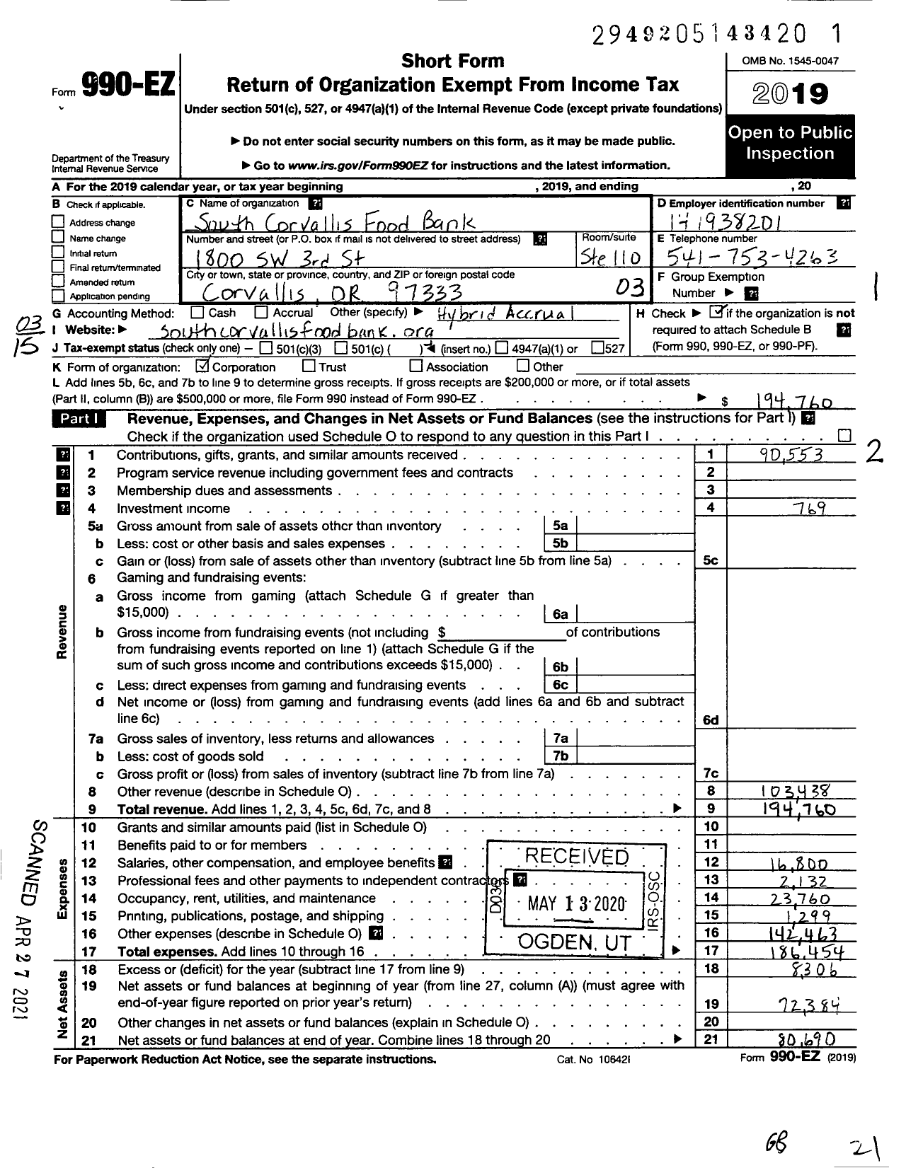 Image of first page of 2019 Form 990EZ for South Corvallis Food Bank