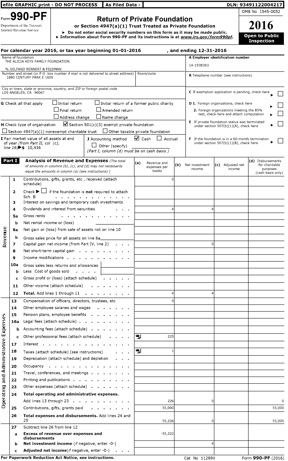 Image of first page of 2016 Form 990PF for Alicia Keys Family Foundation