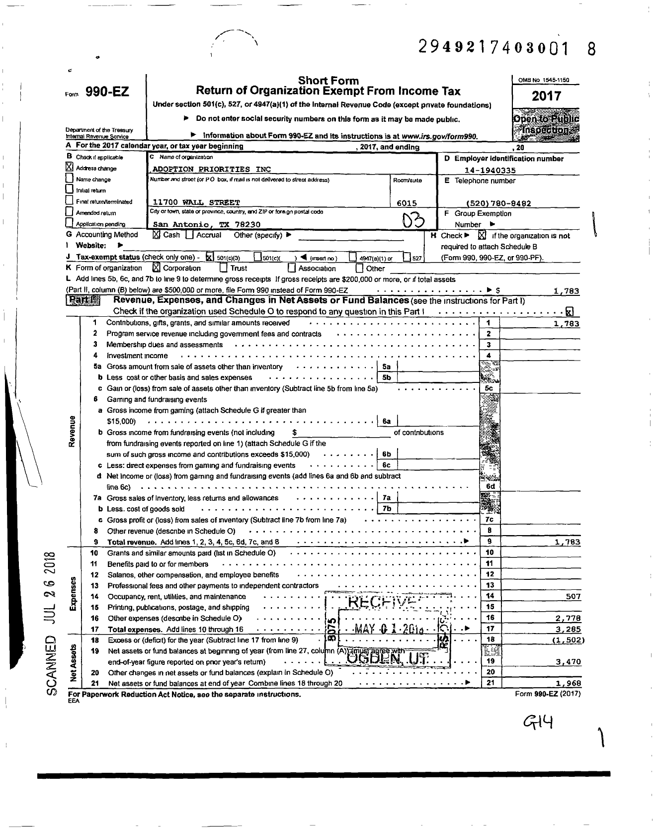 Image of first page of 2017 Form 990EZ for Adoption Priorities