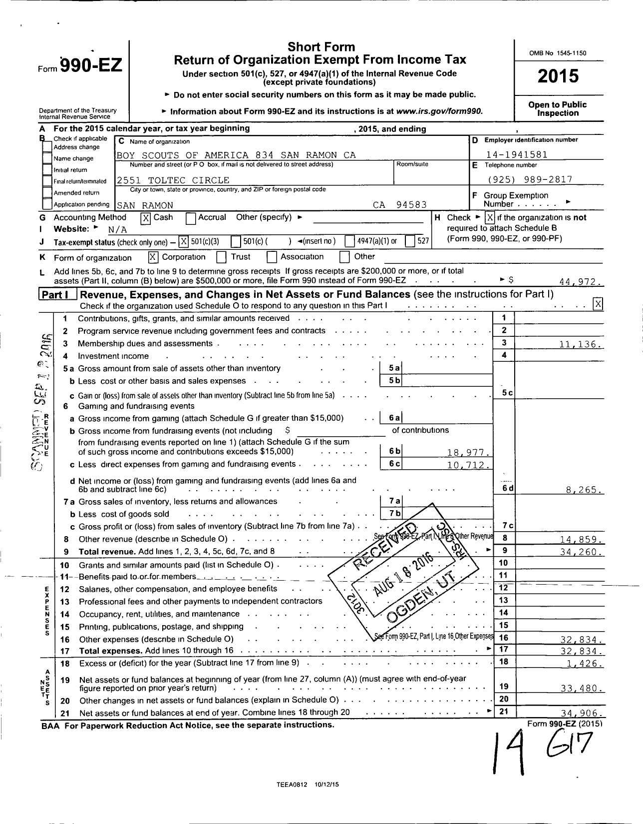 Image of first page of 2015 Form 990EZ for Boy Scouts of America 834 San Ramon Ca