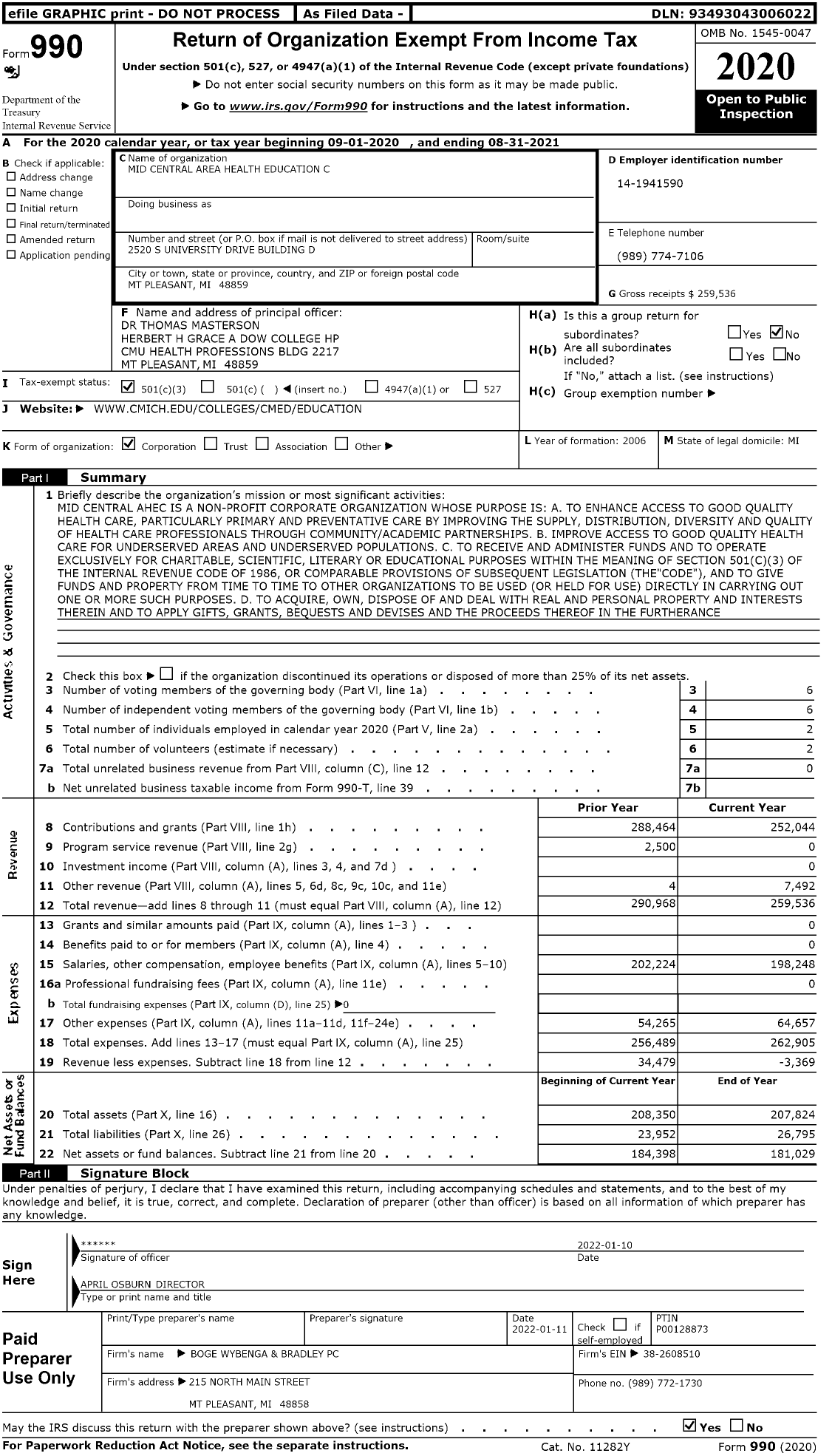 Image of first page of 2020 Form 990 for Mid Central Area Health Education C