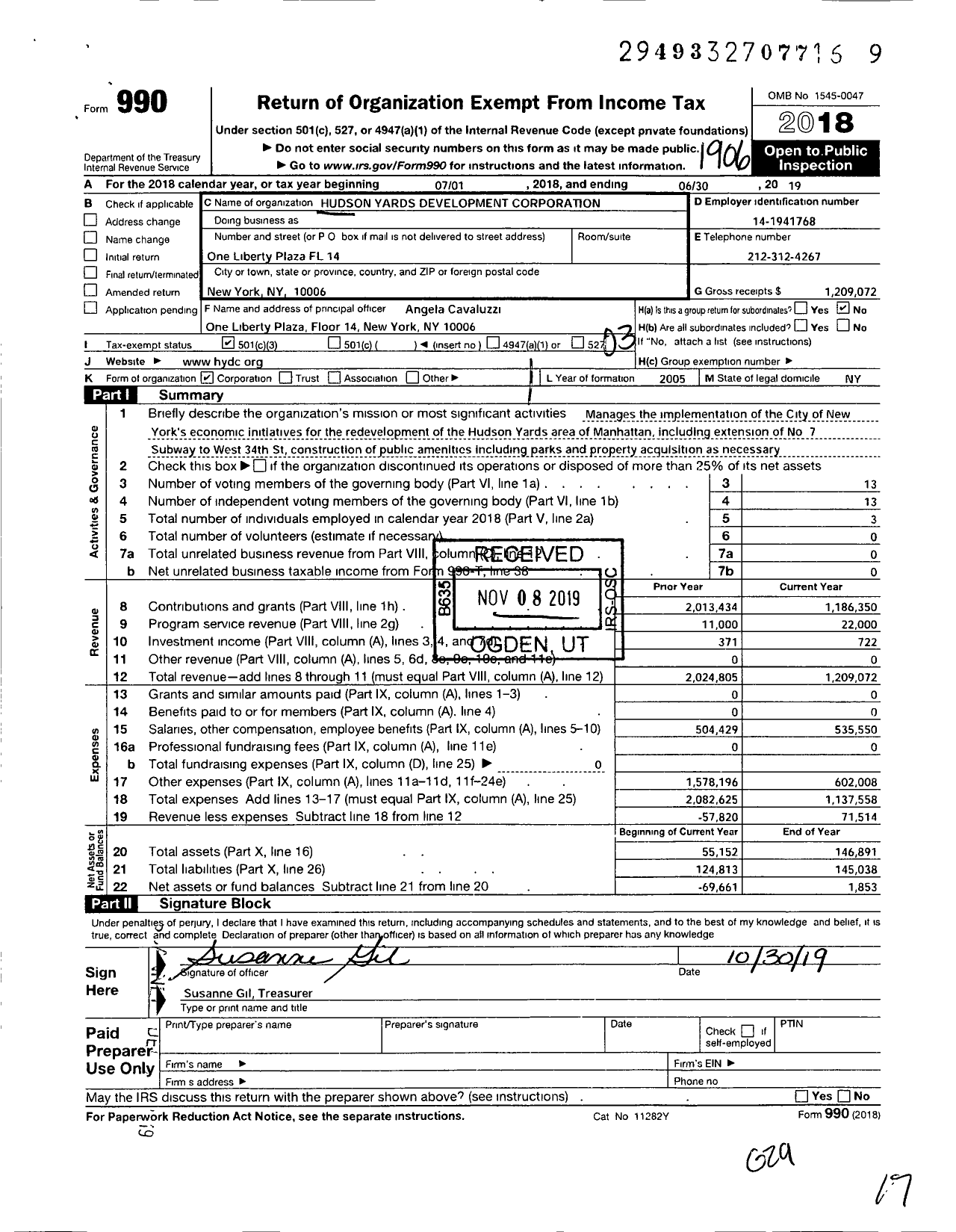 Image of first page of 2018 Form 990 for Hudson Yards Development Corporation