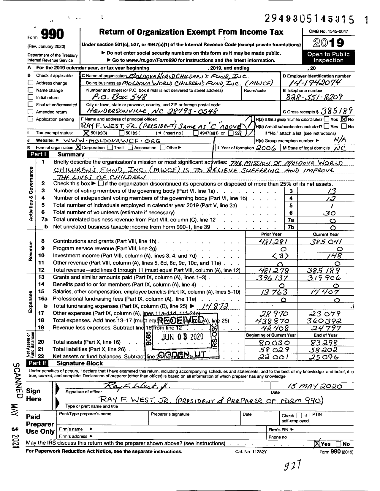 Image of first page of 2019 Form 990 for Moldova World Children's Fund (MWCF)