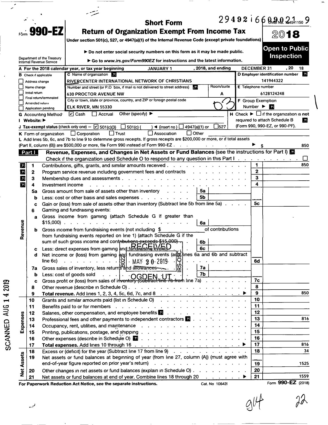 Image of first page of 2018 Form 990EZ for Rivercenter International Network of Christians