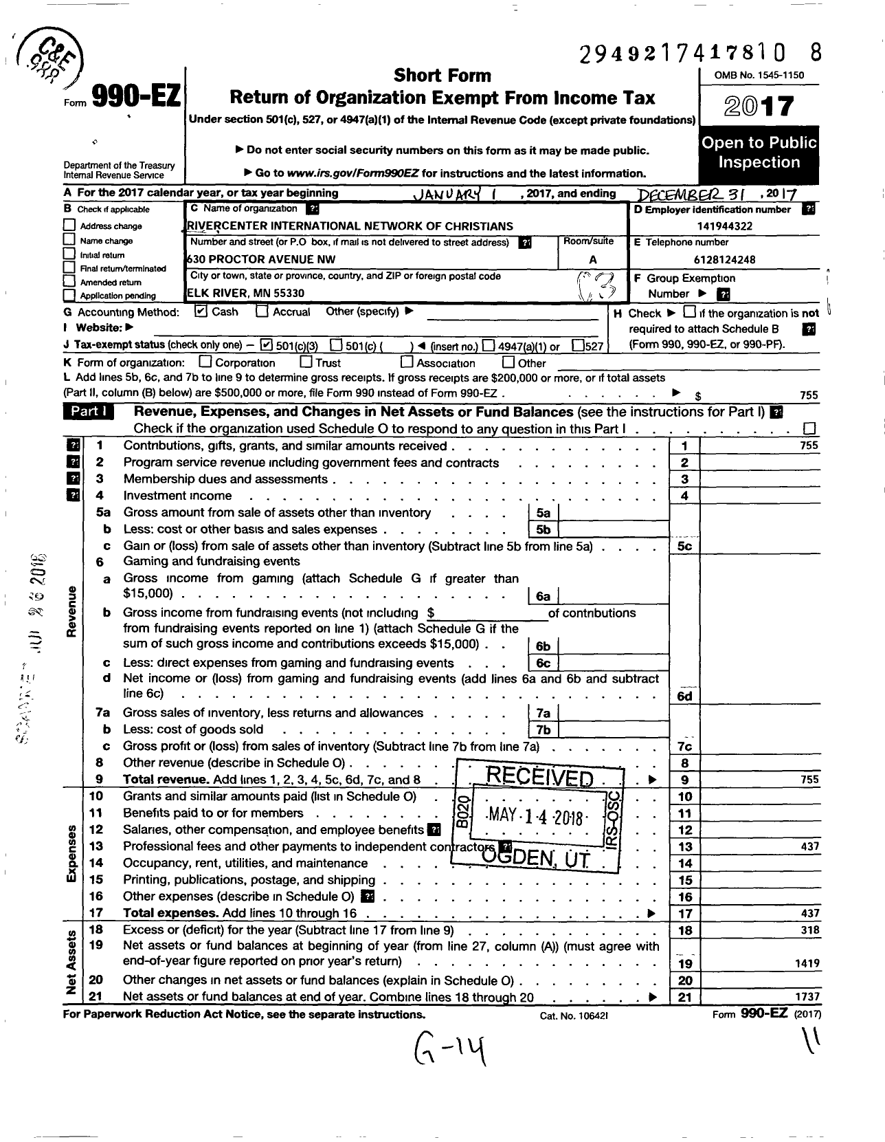 Image of first page of 2017 Form 990EZ for Rivercenter International Network of Christians