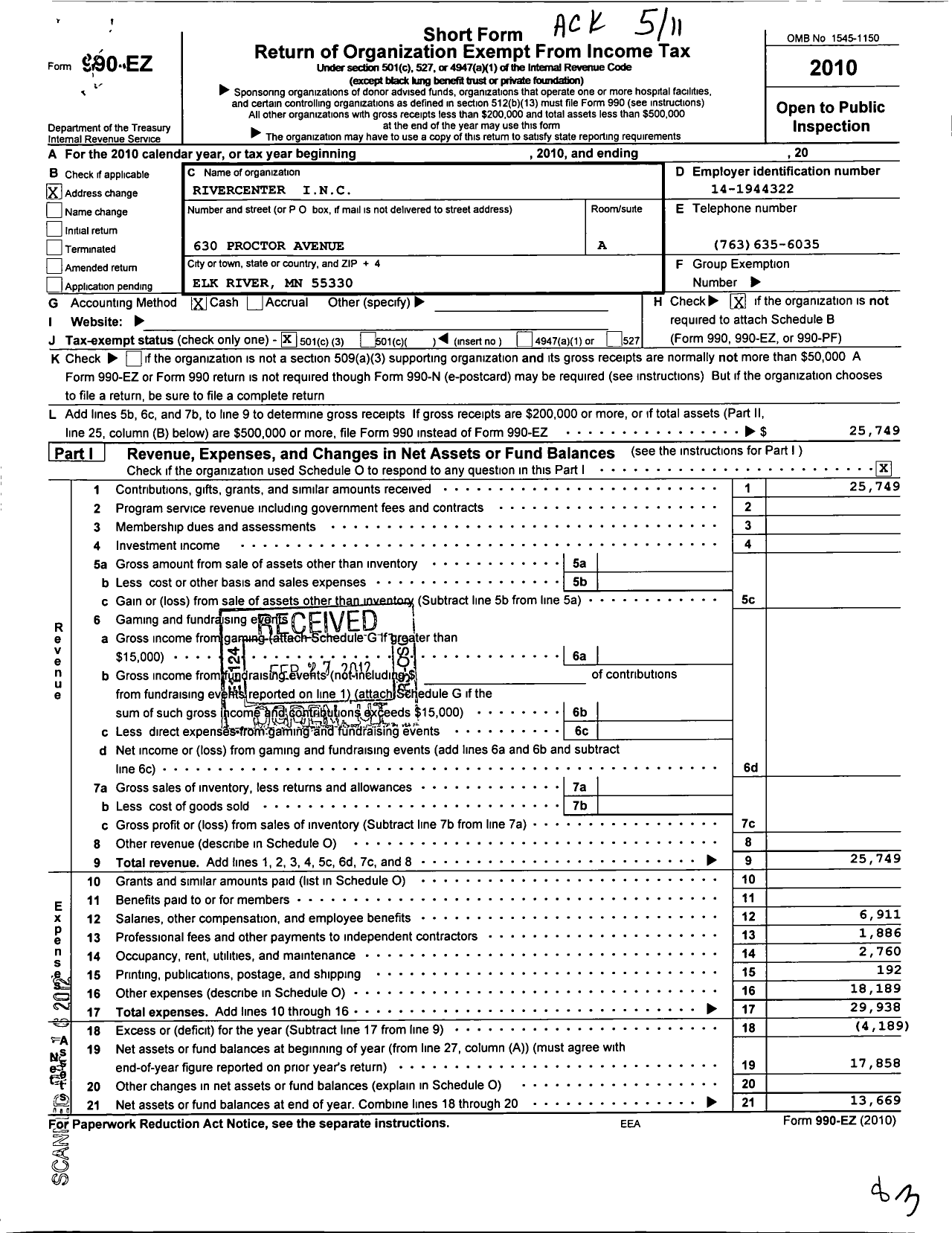 Image of first page of 2010 Form 990EZ for Rivercenter International Network of Christians