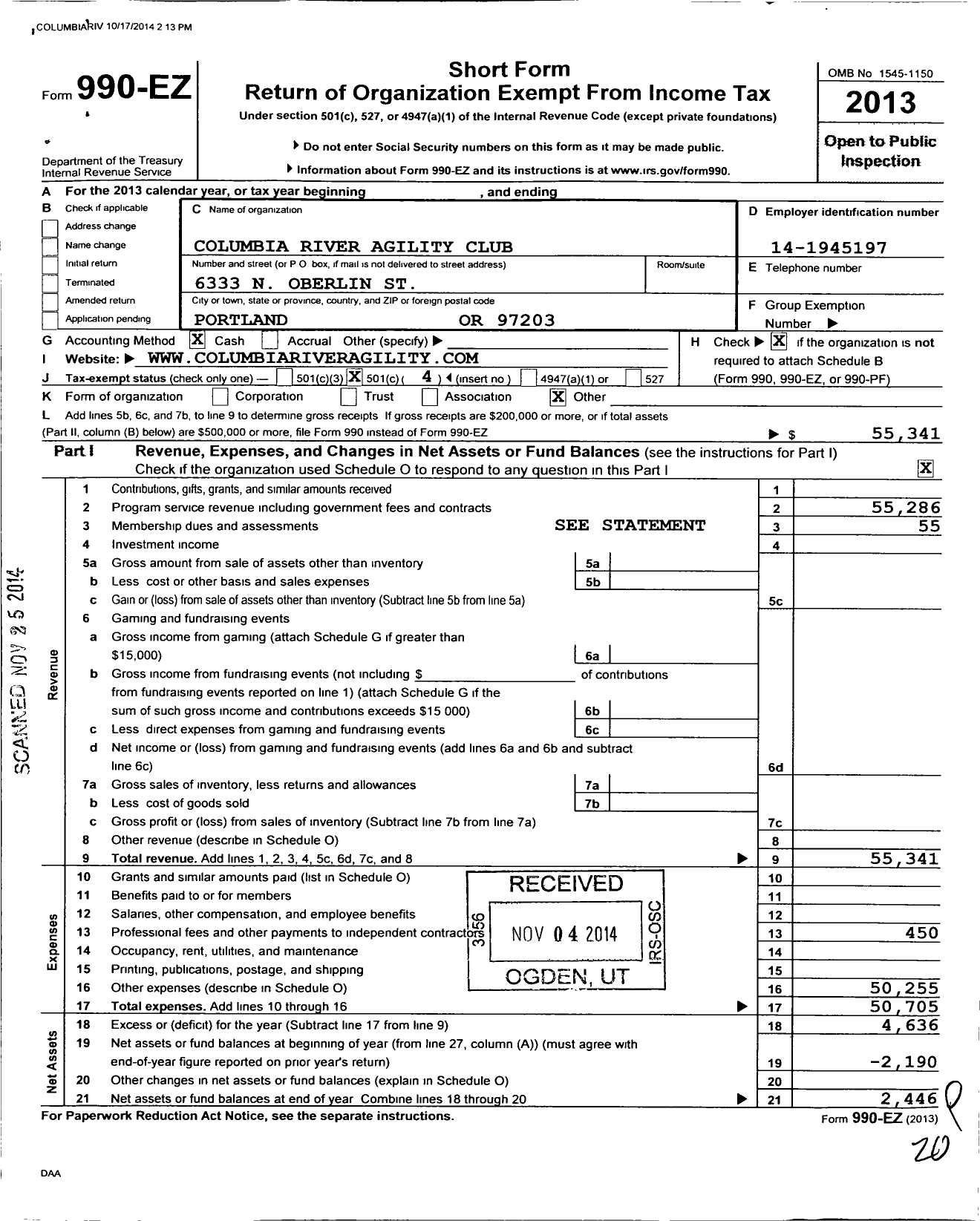 Image of first page of 2013 Form 990EO for Columbia River Agility Club