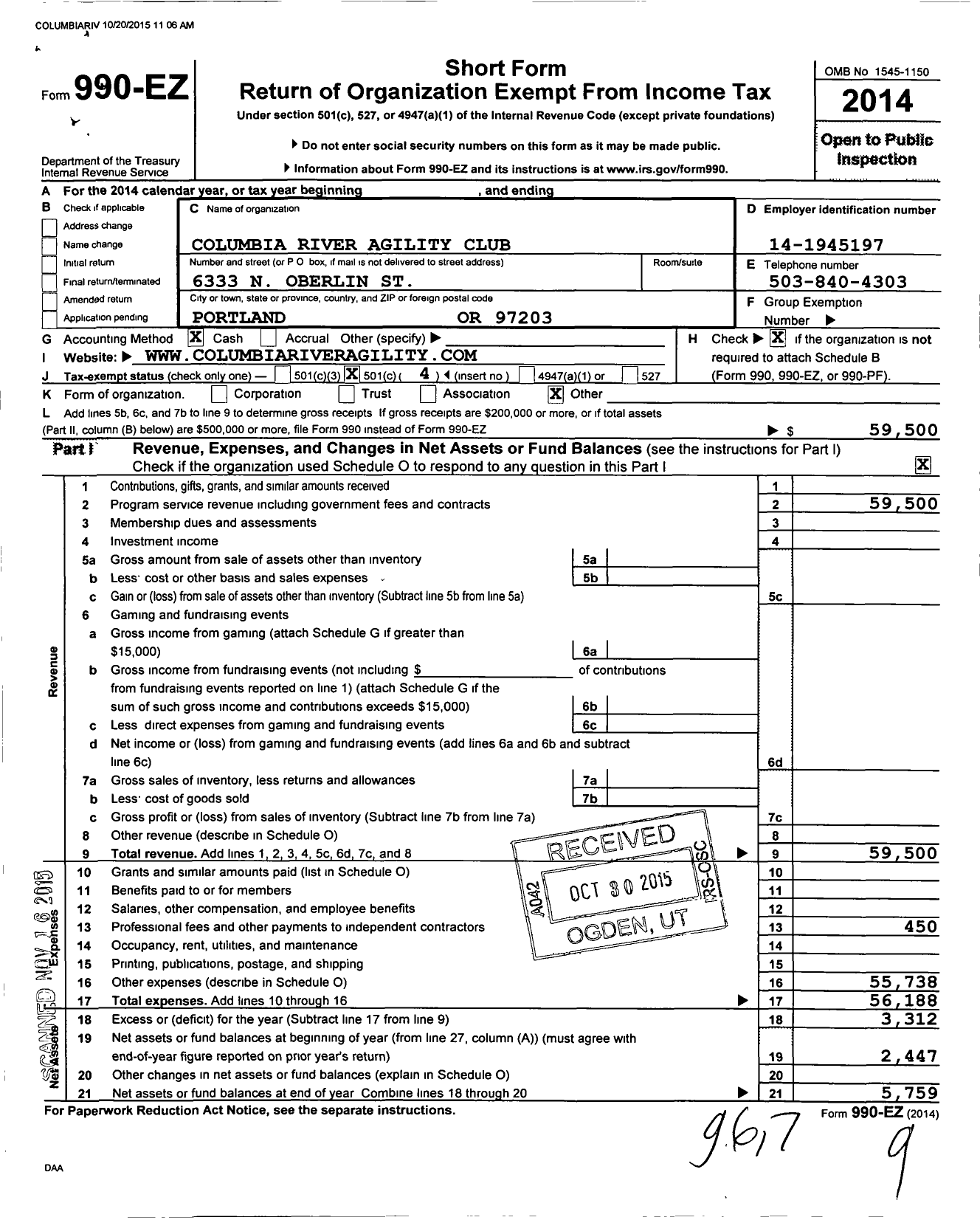 Image of first page of 2014 Form 990EO for Columbia River Agility Club