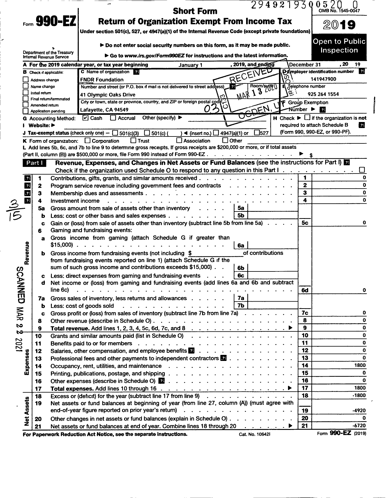 Image of first page of 2019 Form 990EZ for FNDR Foundation