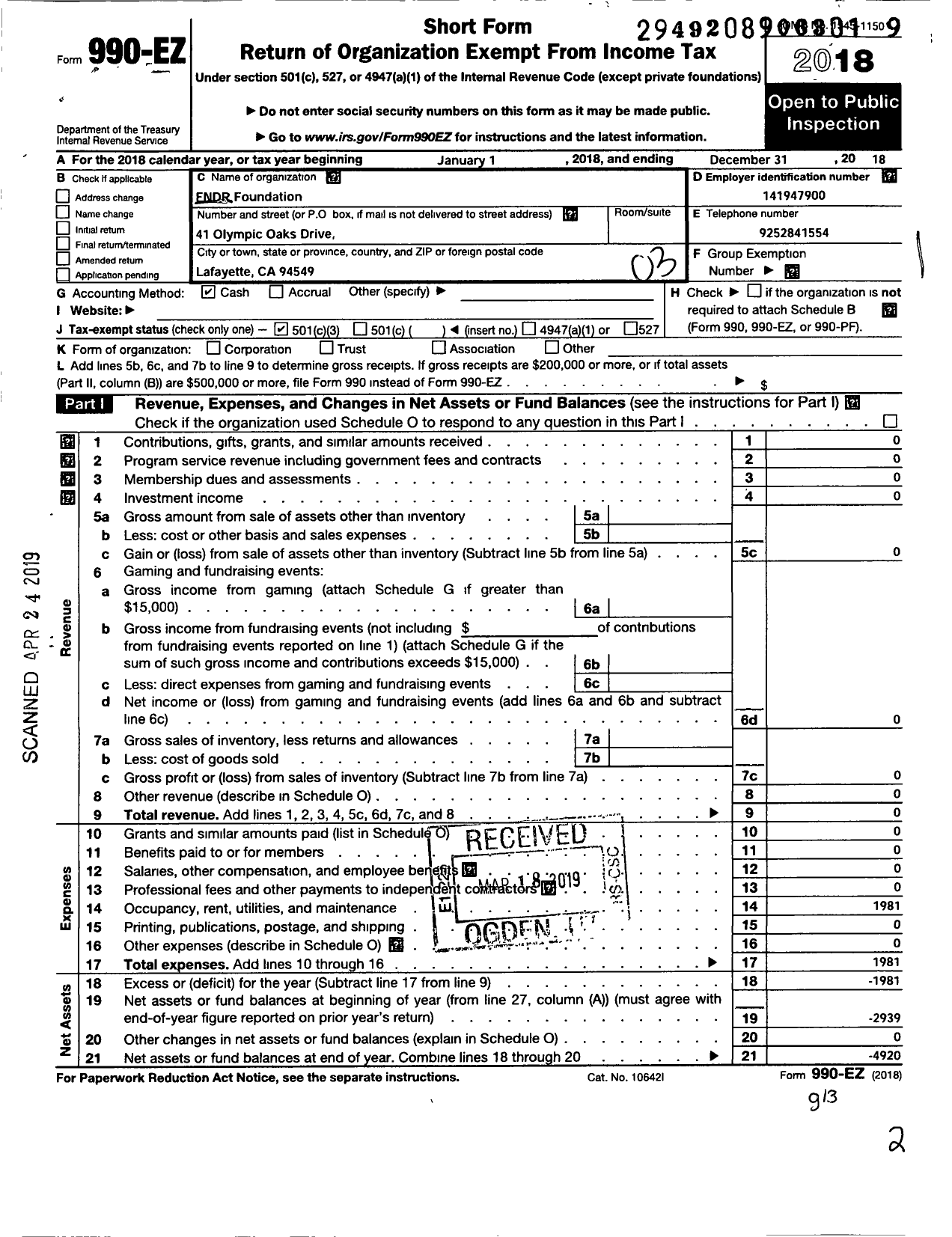 Image of first page of 2018 Form 990EZ for FNDR Foundation