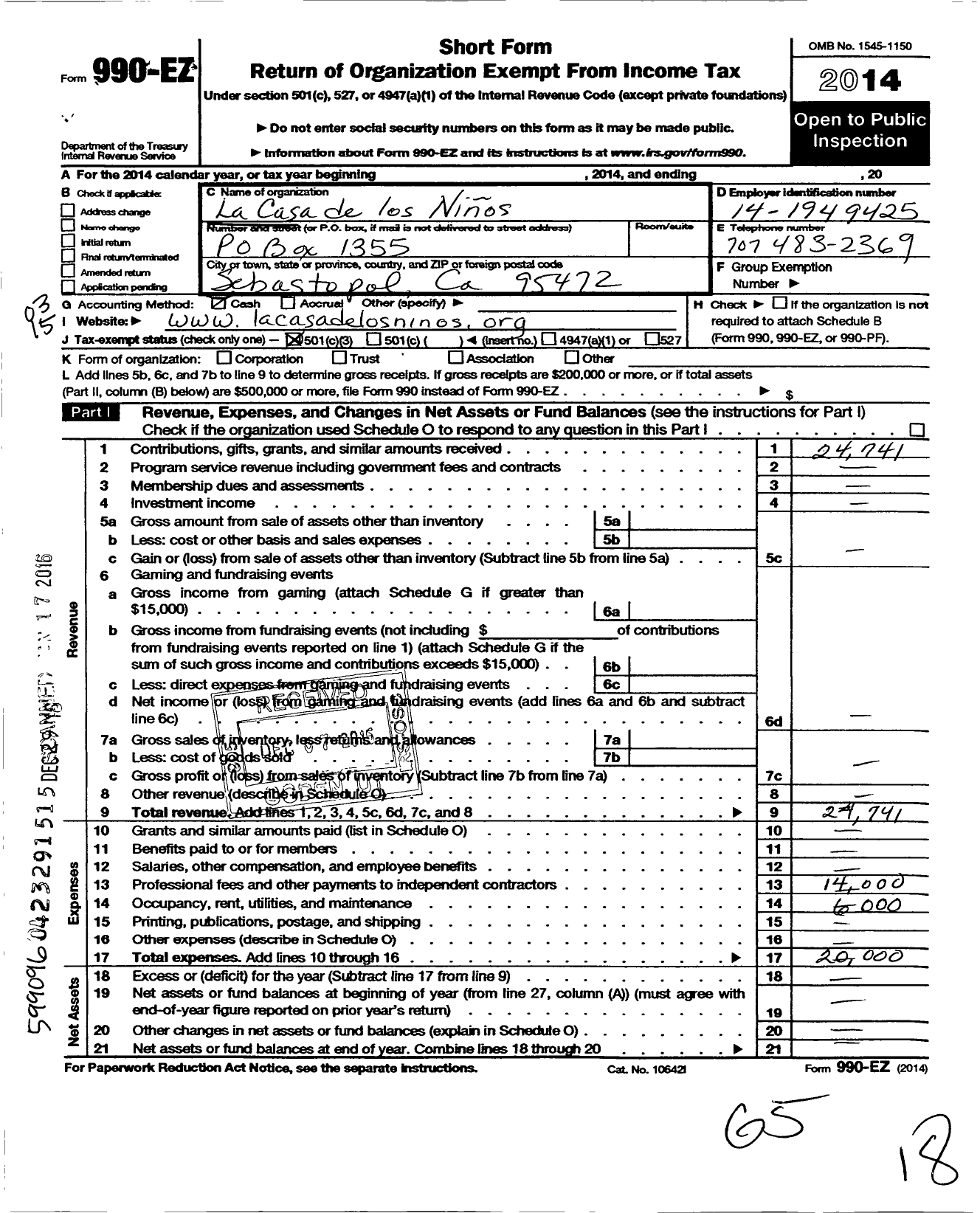 Image of first page of 2014 Form 990EZ for La Casa de Los Ninos