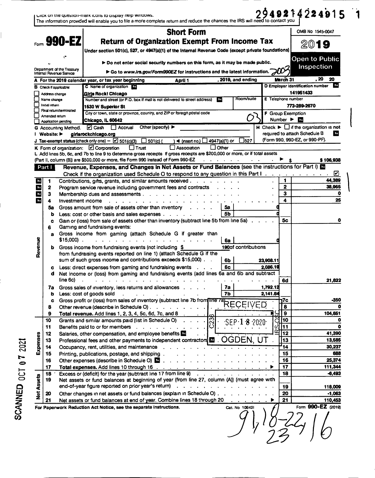 Image of first page of 2019 Form 990EZ for Girls Rock Chicago