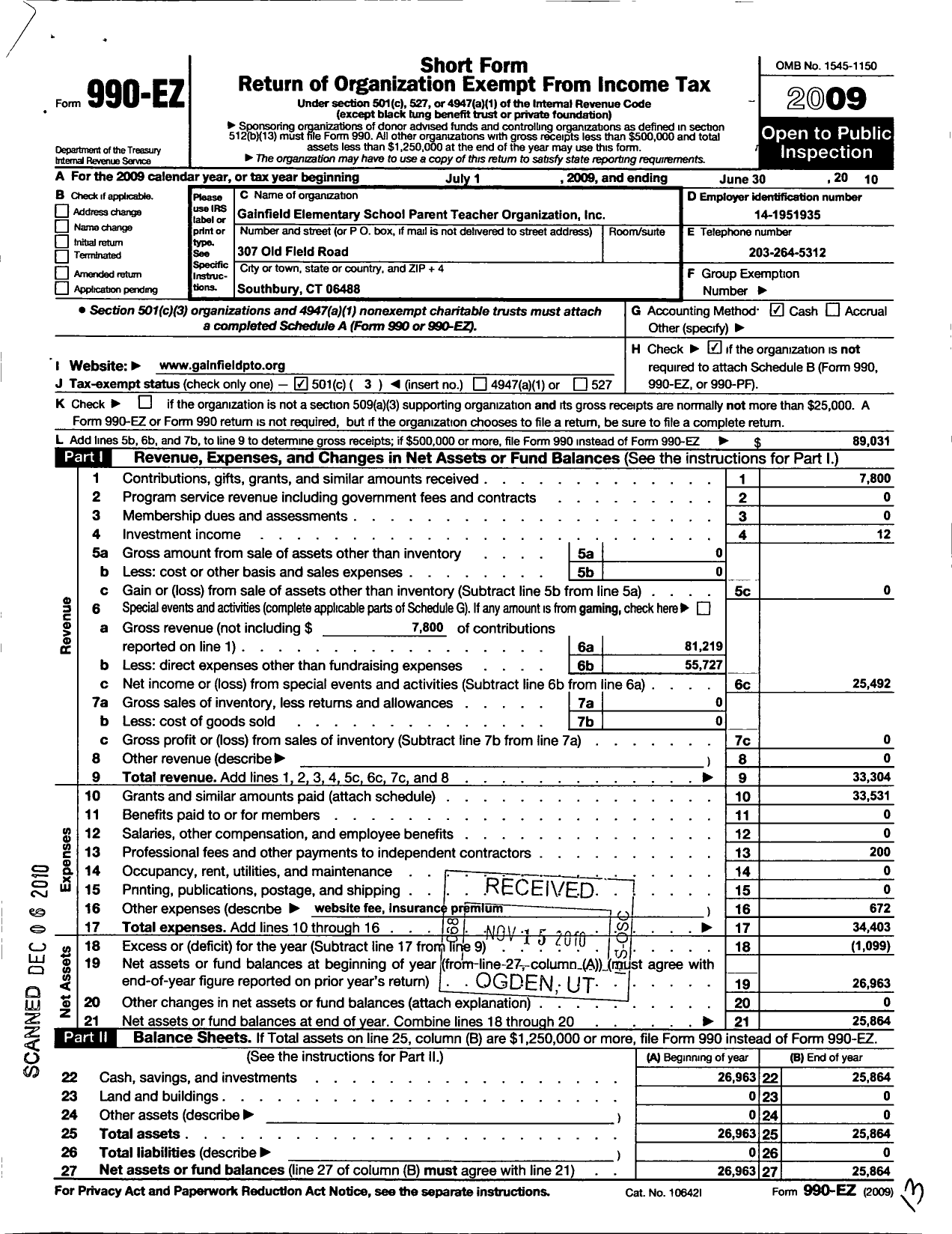 Image of first page of 2009 Form 990EZ for Ptoc Gainfield Elementary School