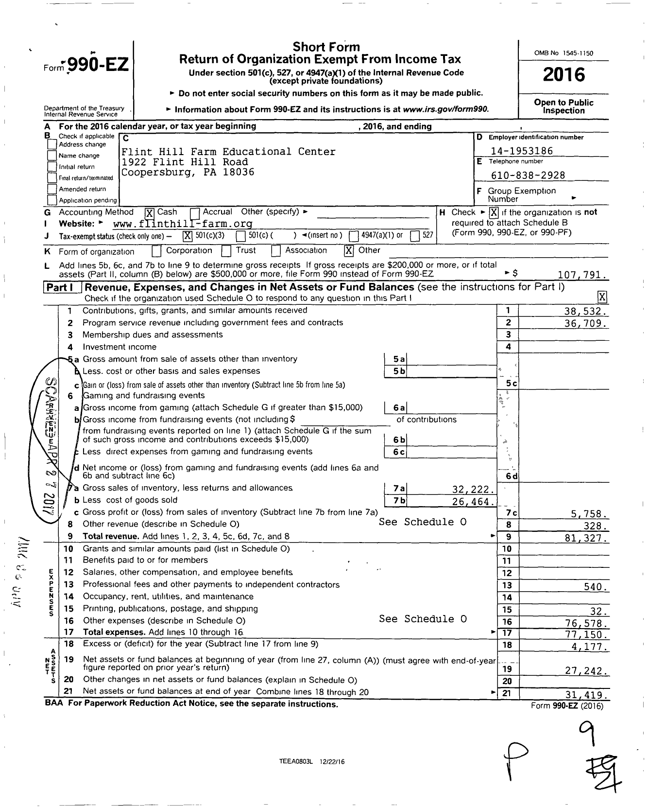 Image of first page of 2016 Form 990EZ for Flint Hill Farm Educational Center