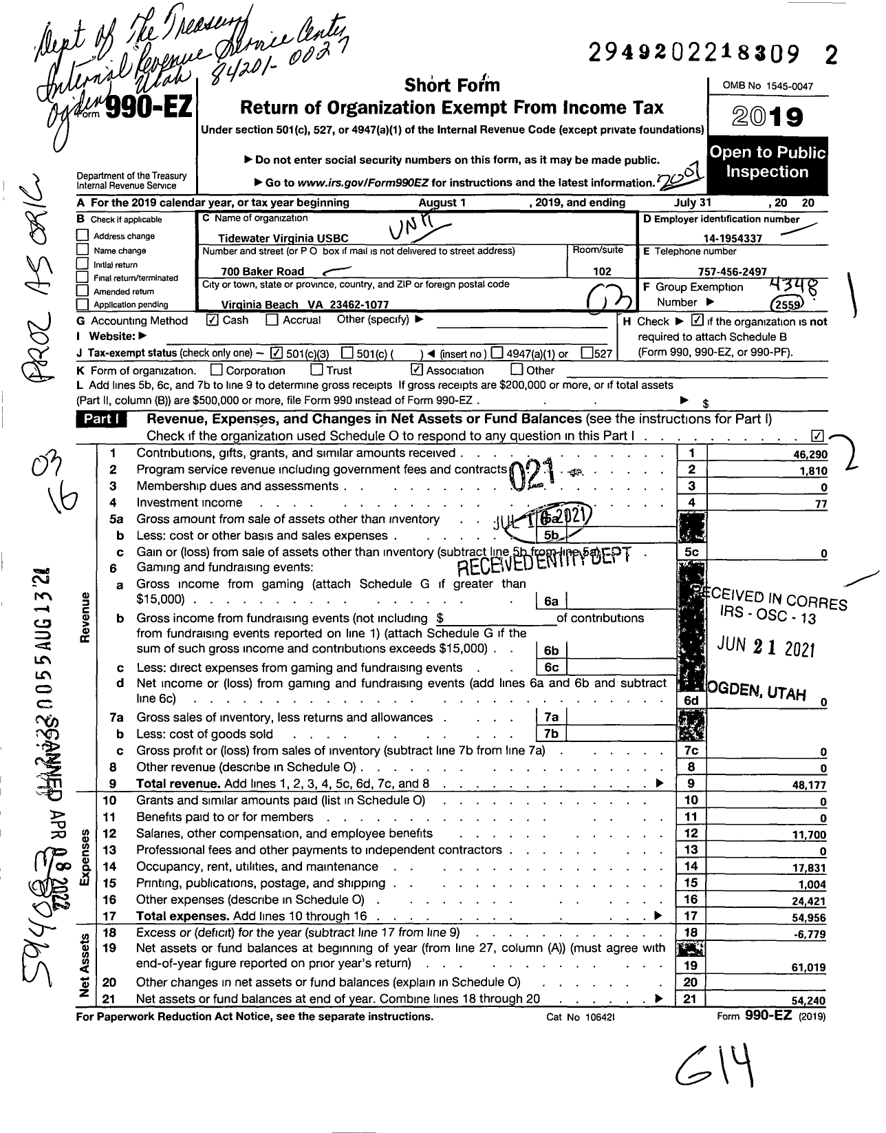 Image of first page of 2019 Form 990EZ for UNITED STATES BOWLING CONGRESS - 86317 Tidewater Virginia USBC