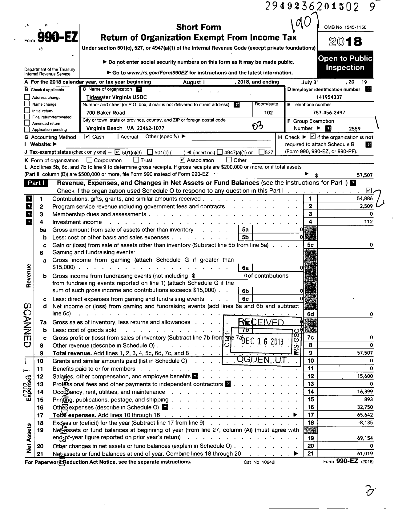 Image of first page of 2018 Form 990EZ for UNITED STATES BOWLING CONGRESS - 86317 Tidewater Virginia USBC