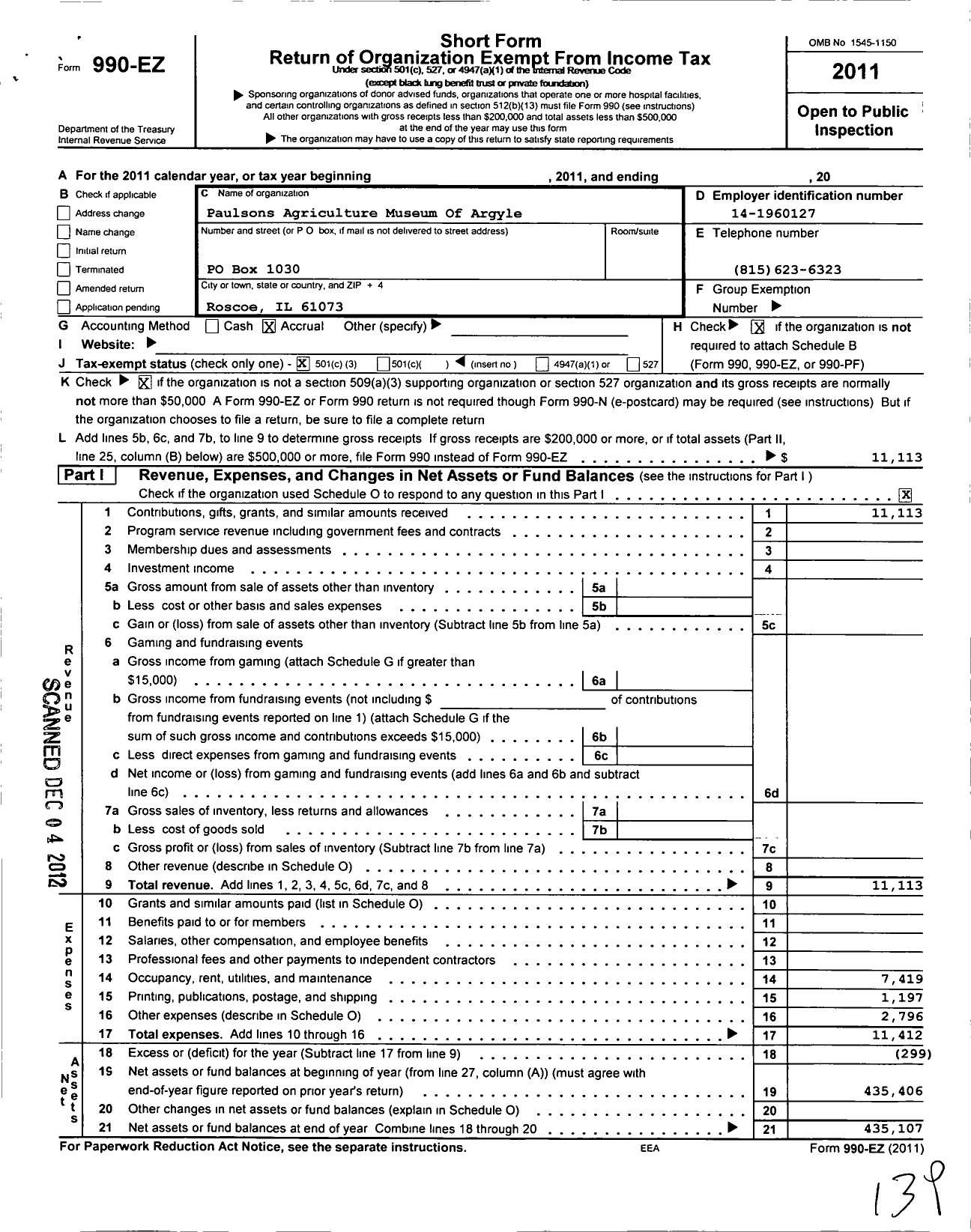 Image of first page of 2011 Form 990EZ for Paulsons Agriculture Museum Of Argyle