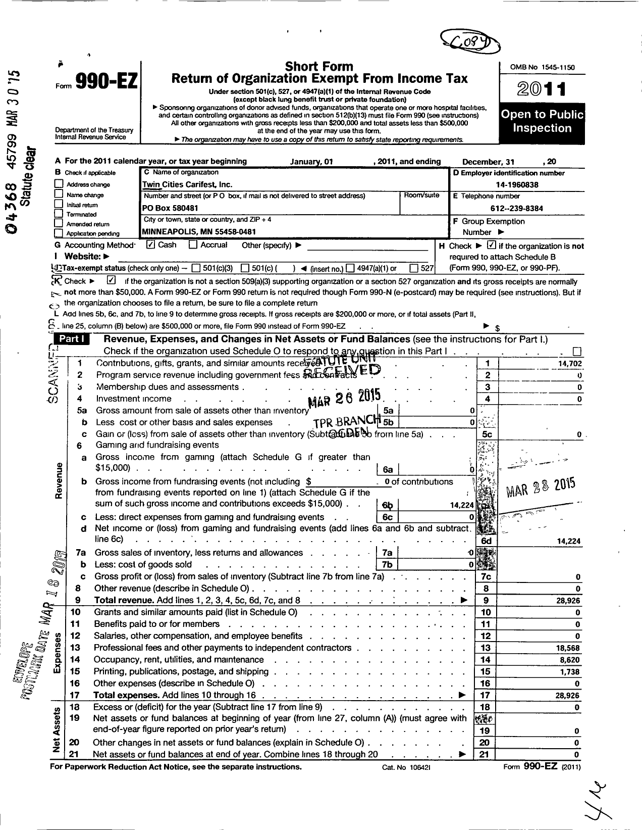 Image of first page of 2011 Form 990EO for Twin Cities Carifest