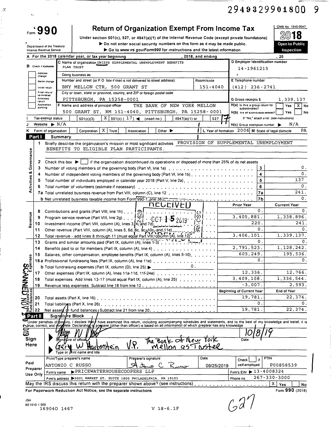 Image of first page of 2018 Form 990O for Unisys Supplemental Unemployment Benefits Plan Trust