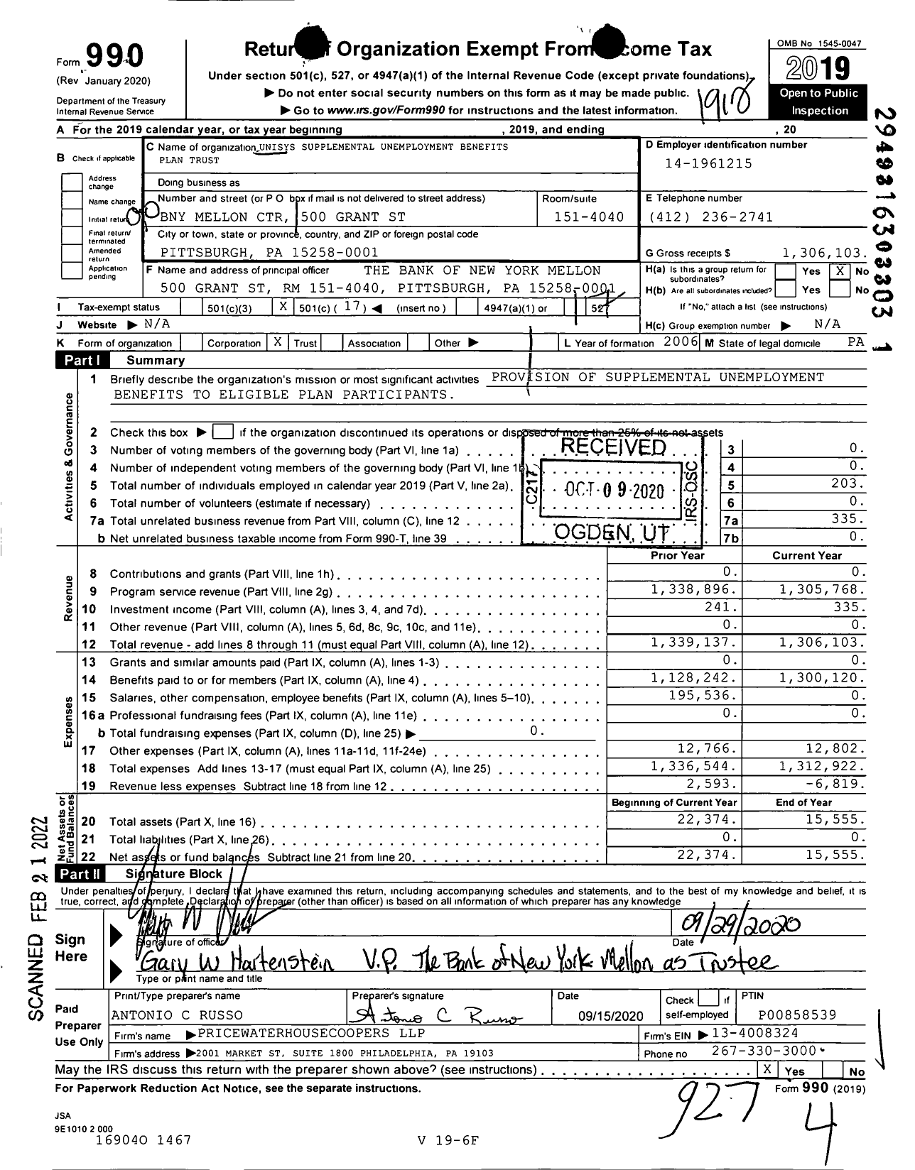 Image of first page of 2019 Form 990O for Unisys Supplemental Unemployment Benefits Plan Trust