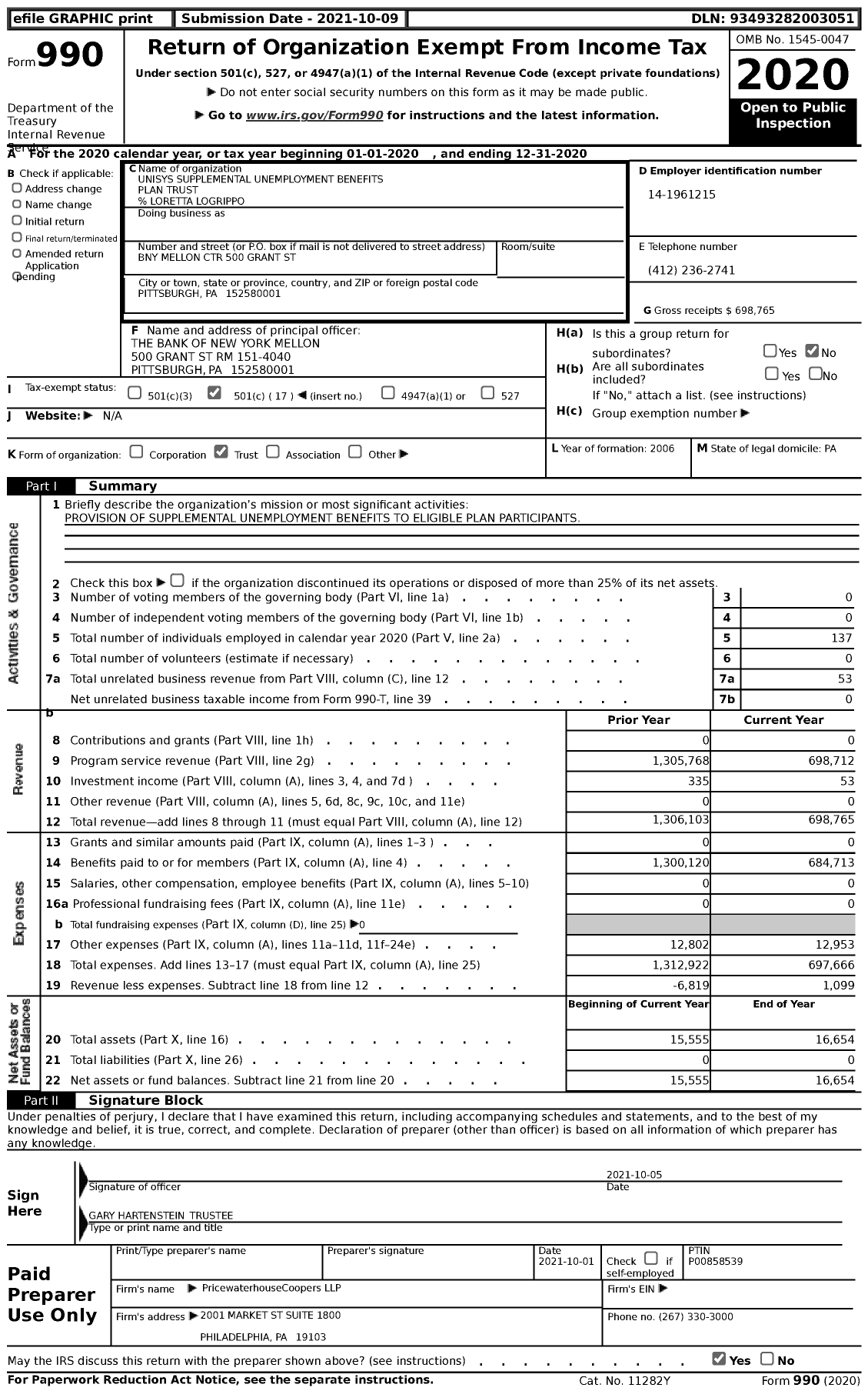 Image of first page of 2020 Form 990 for Unisys Supplemental Unemployment Benefits Plan Trust