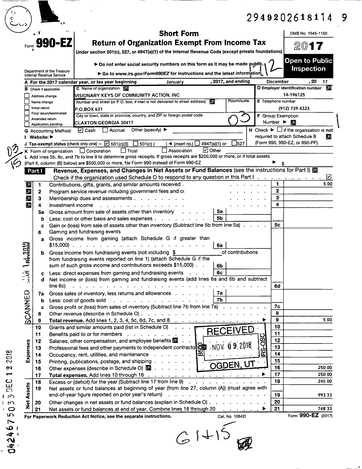 Image of first page of 2017 Form 990EZ for Visionary Keys of Community Action