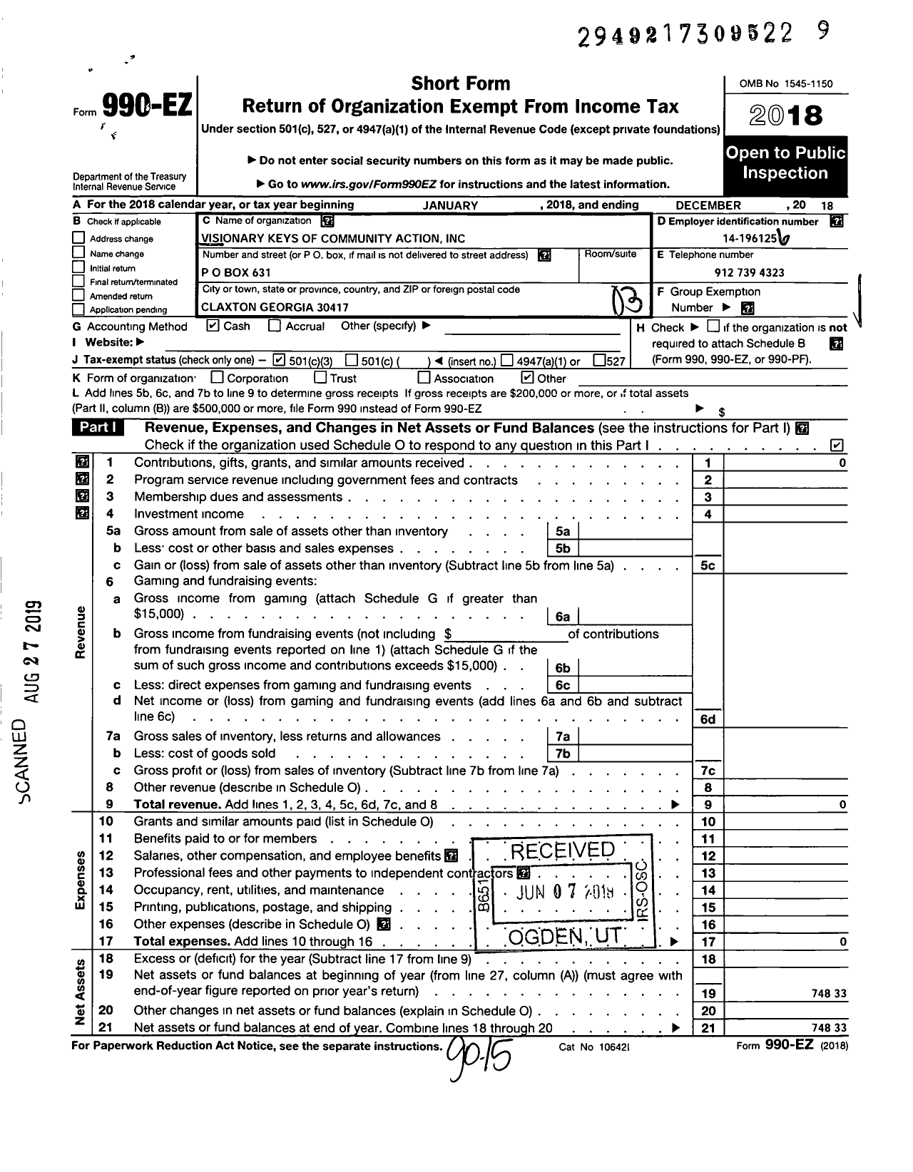 Image of first page of 2018 Form 990EZ for Visionary Keys of Community Action