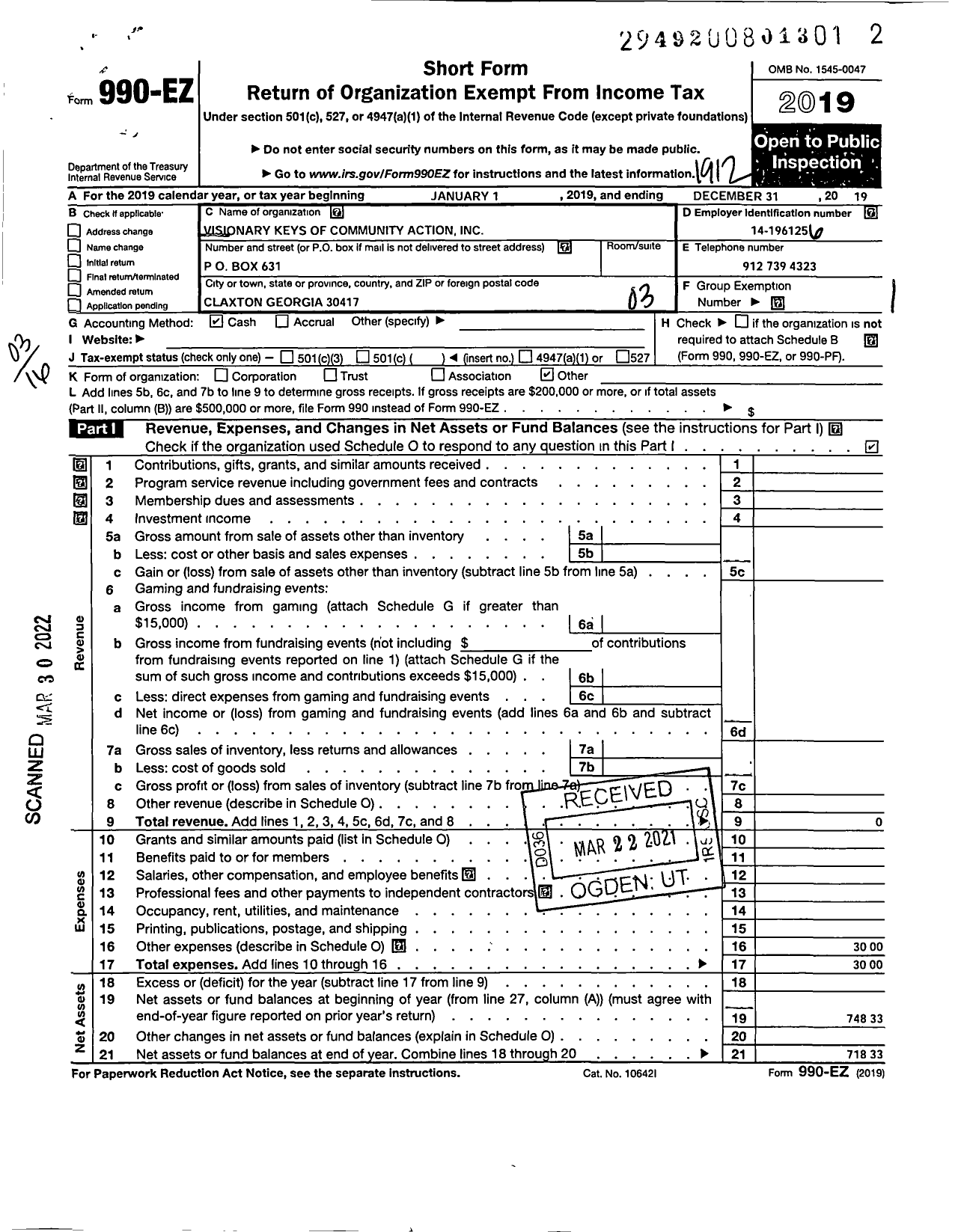 Image of first page of 2019 Form 990EZ for Visionary Keys of Community Action