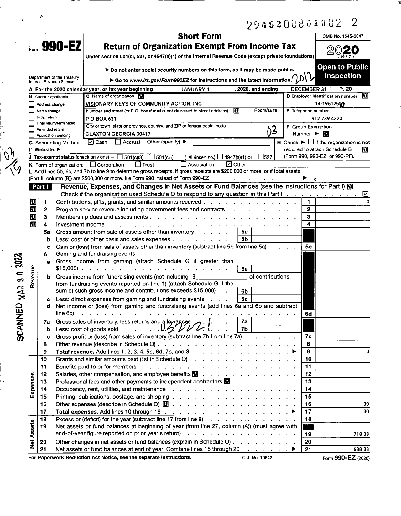 Image of first page of 2020 Form 990EZ for Visionary Keys of Community Action