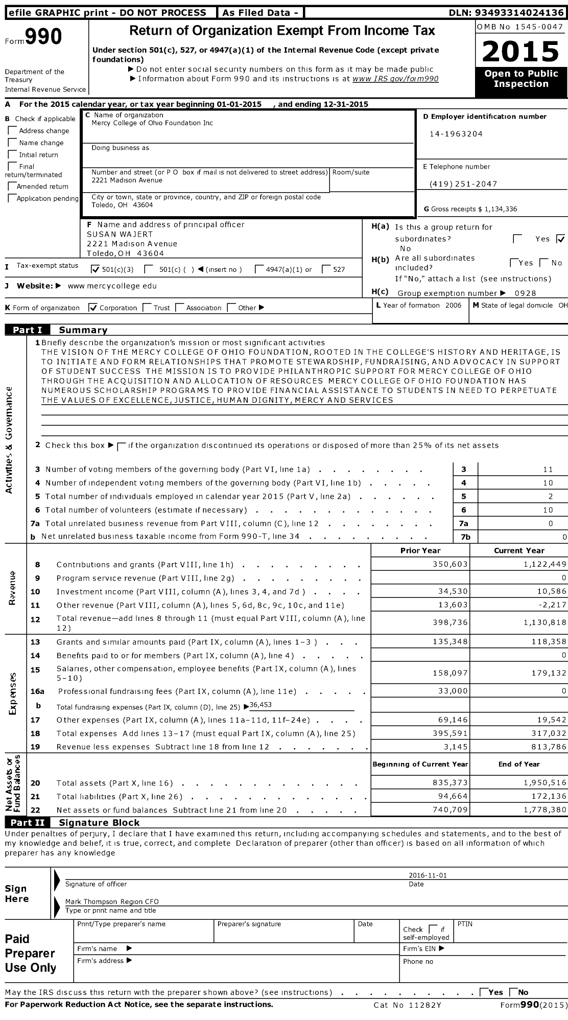 Image of first page of 2015 Form 990 for Mercy College of Ohio Foundation