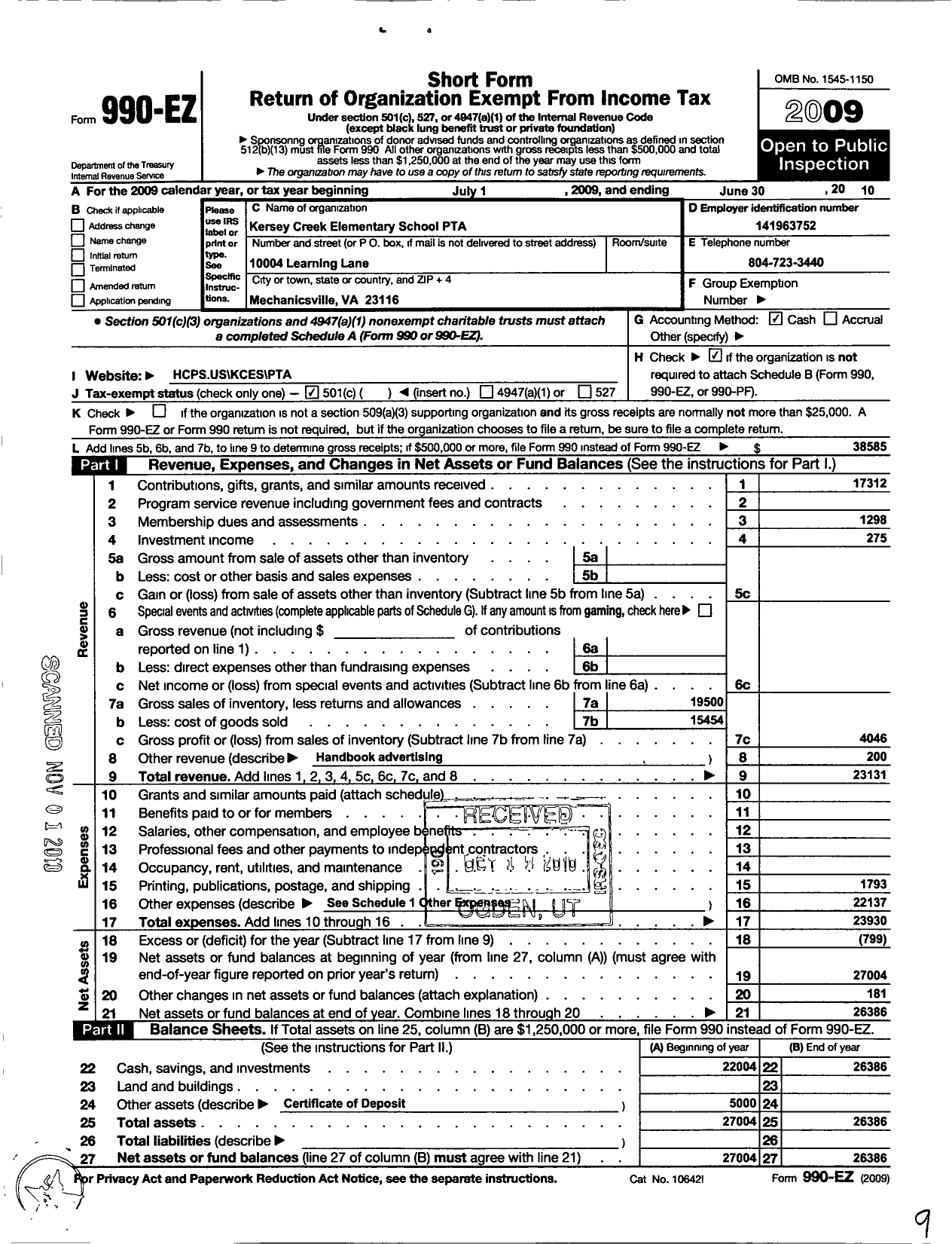 Image of first page of 2009 Form 990EO for Virginia PTA - Kersey Creek Elementary PTA