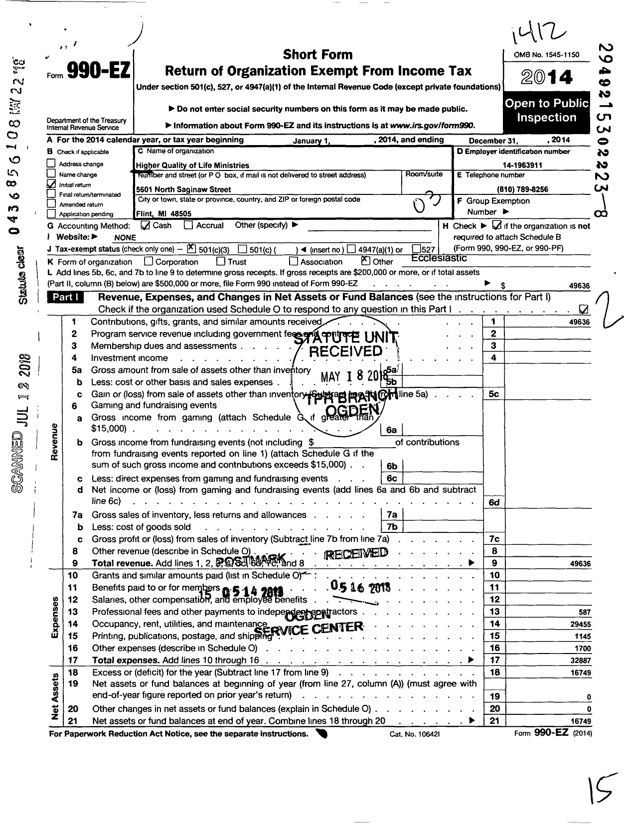 Image of first page of 2014 Form 990EZ for Higher Quality of Life Ministries (HQLM)